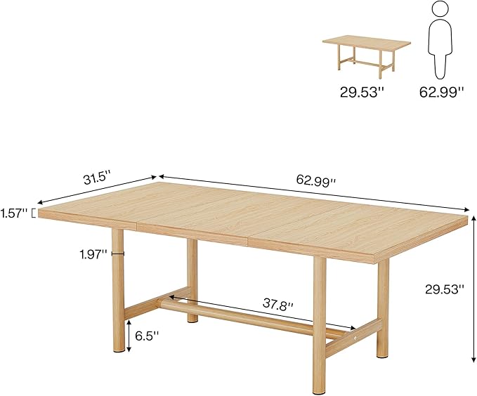 Kitchen Dining Table Wood: 160cm Rectangular Dining Room Table for 6, Farmhouse Dinner Table with Heavy Duty Metal Legs for Kitchen, Dining Room, Small Space