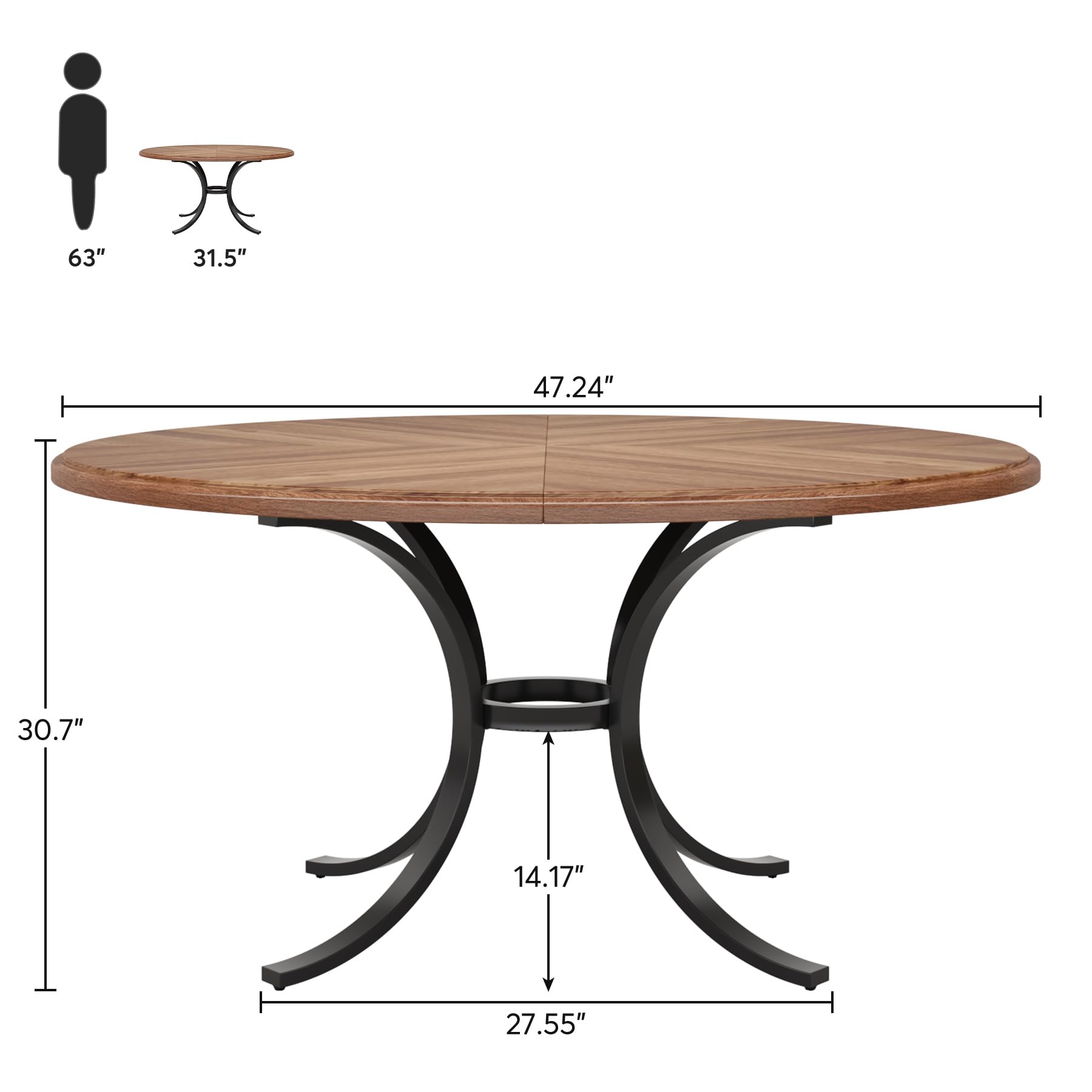 120cm Round Dining Table for 4-6 People, Farmhouse Kitchen Table with Wooden Texture Surface & Pedestal, Round Table for Dining Room, Living Room, Brown (Only Table)