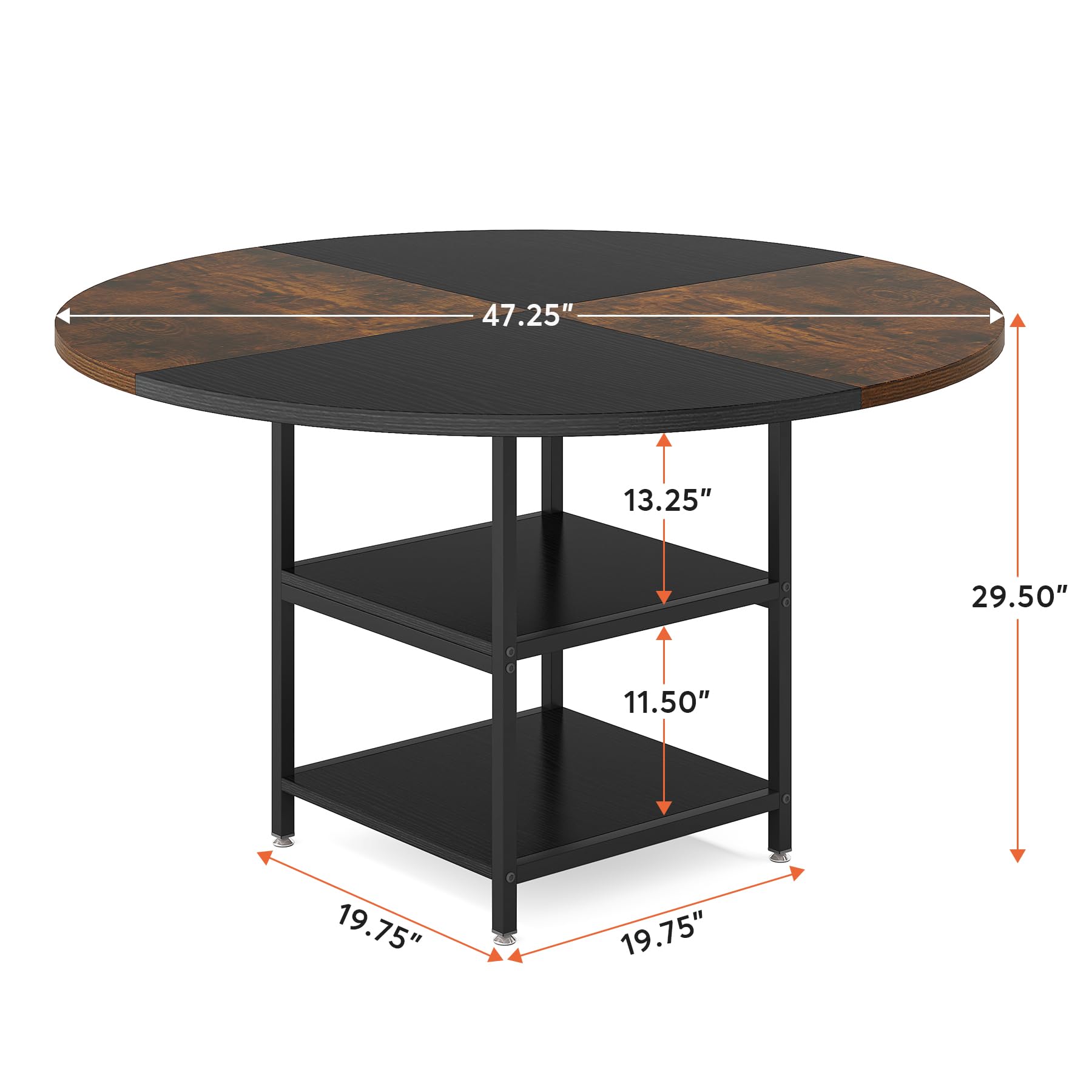 120cm Round Dining Table for 4, Wood Kitchen Table Large Dinner Table with Storage Shelf Metal Legs for Home Dining Room Living Room, Black Rustic Brown(Only Table)