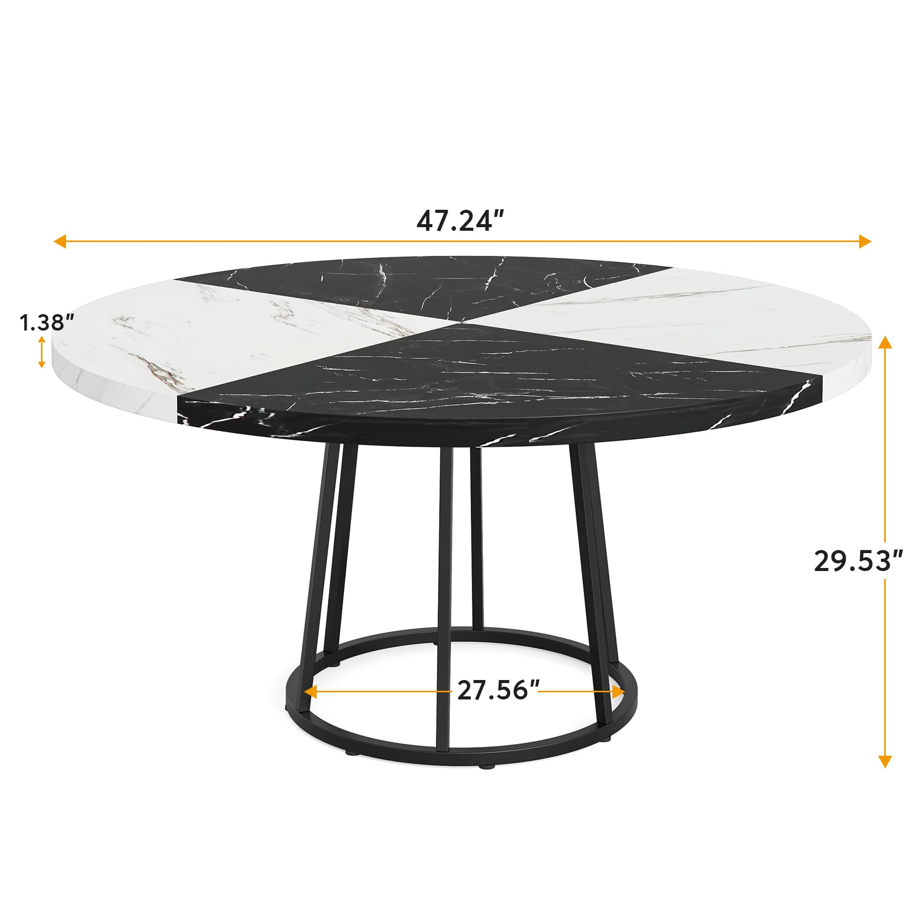 120cm Dining Table for Dining Room, 4 People Round Dinner Tables with Faux Marble Top Heavy Duty Metal Circle Pedestal for Living Room Kitchen, Black White(Only Table)