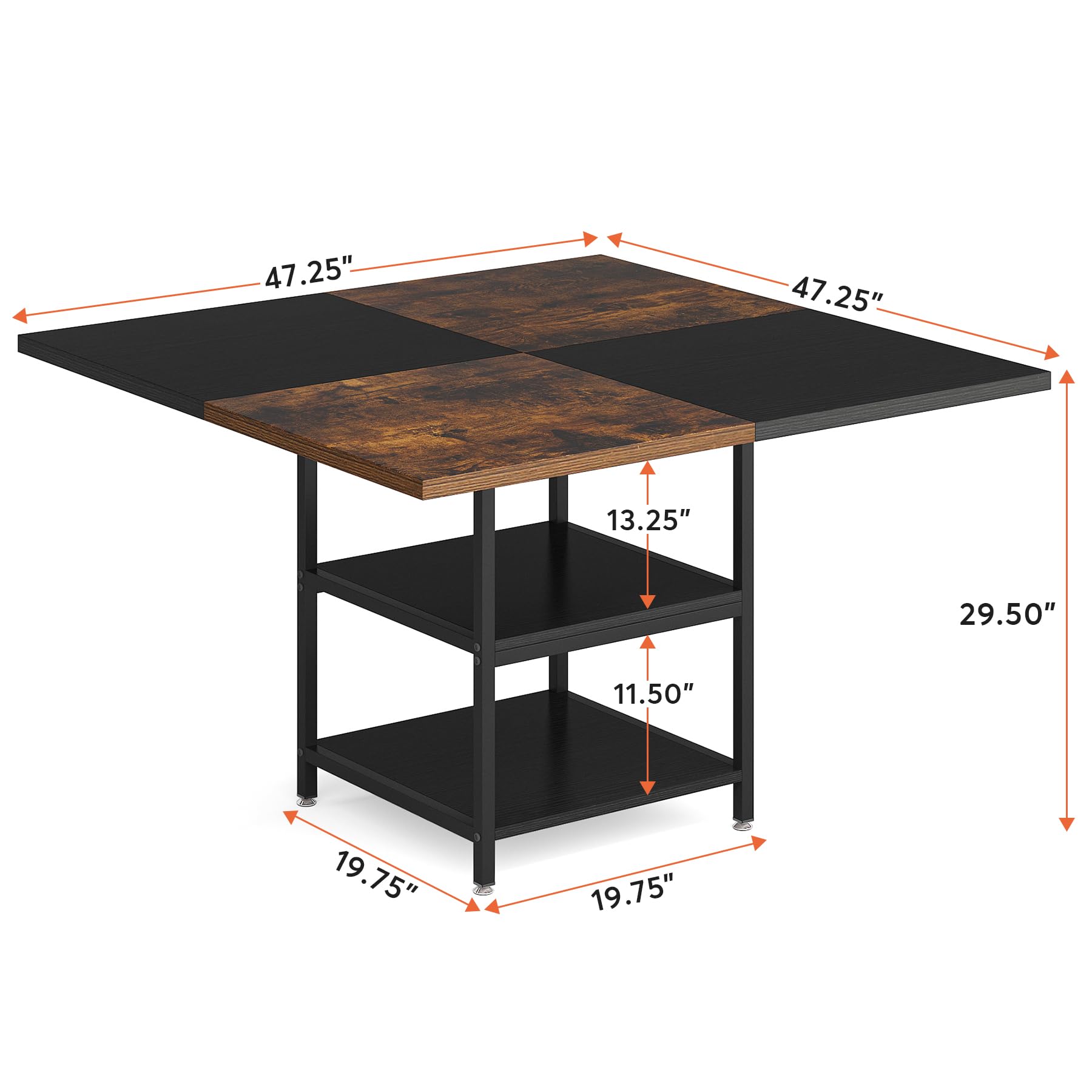 120cm Round Dining Table for 4, Wood Kitchen Table Large Dinner Table with Storage Shelf Metal Legs for Home Dining Room Living Room, Black Rustic Brown(Only Table)