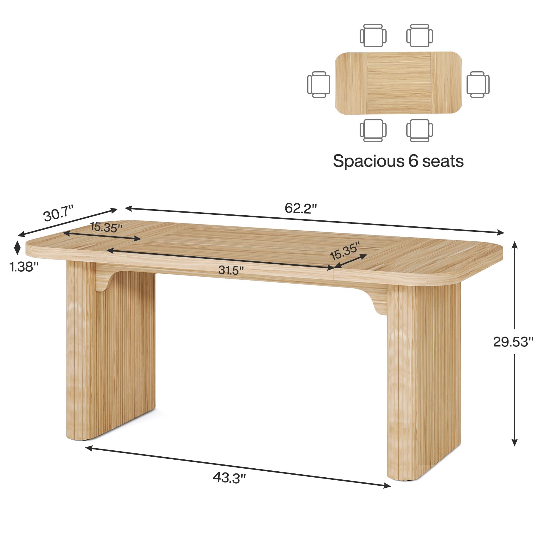 Farmhouse Dining Table for 4-6 People, 160cm Modern Kitchen Table with Double Robust Pedestal, Long Rectangular Wooden Dinner Table for Dining Room (Only Table) (Natural)