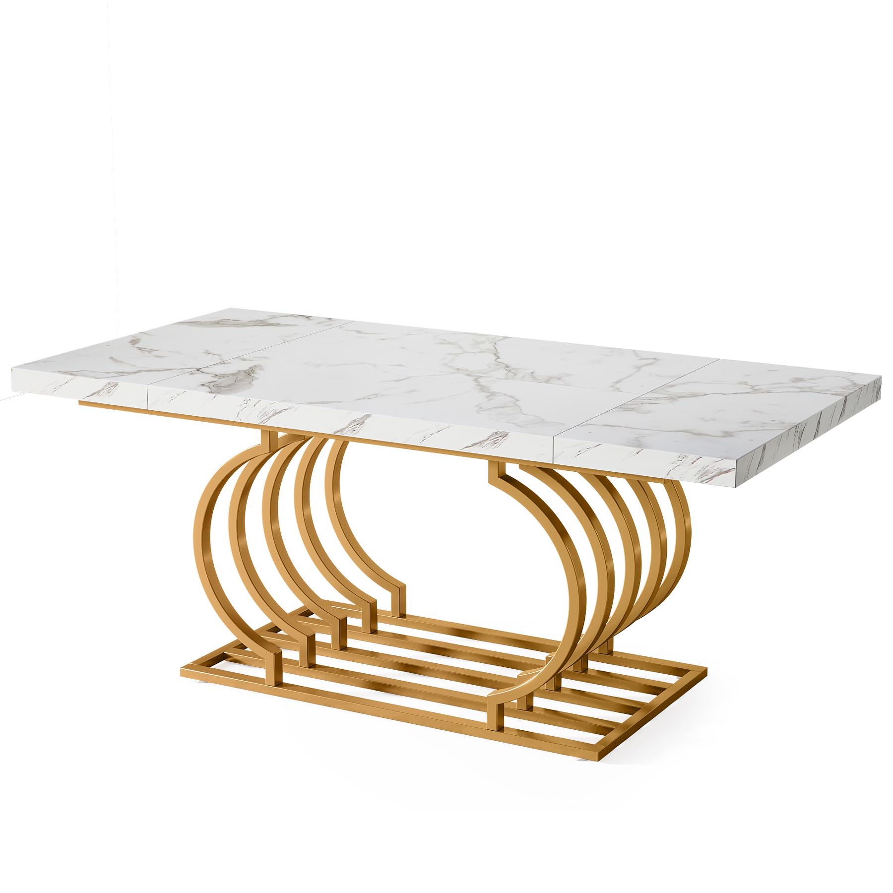 Modern Dining Table, 160cm Faux Marble Wood Kitchen Table for 6 People, Rectangular Dinner Room Table with Geometric Frame for Kitchen, Dining Room, White Gold