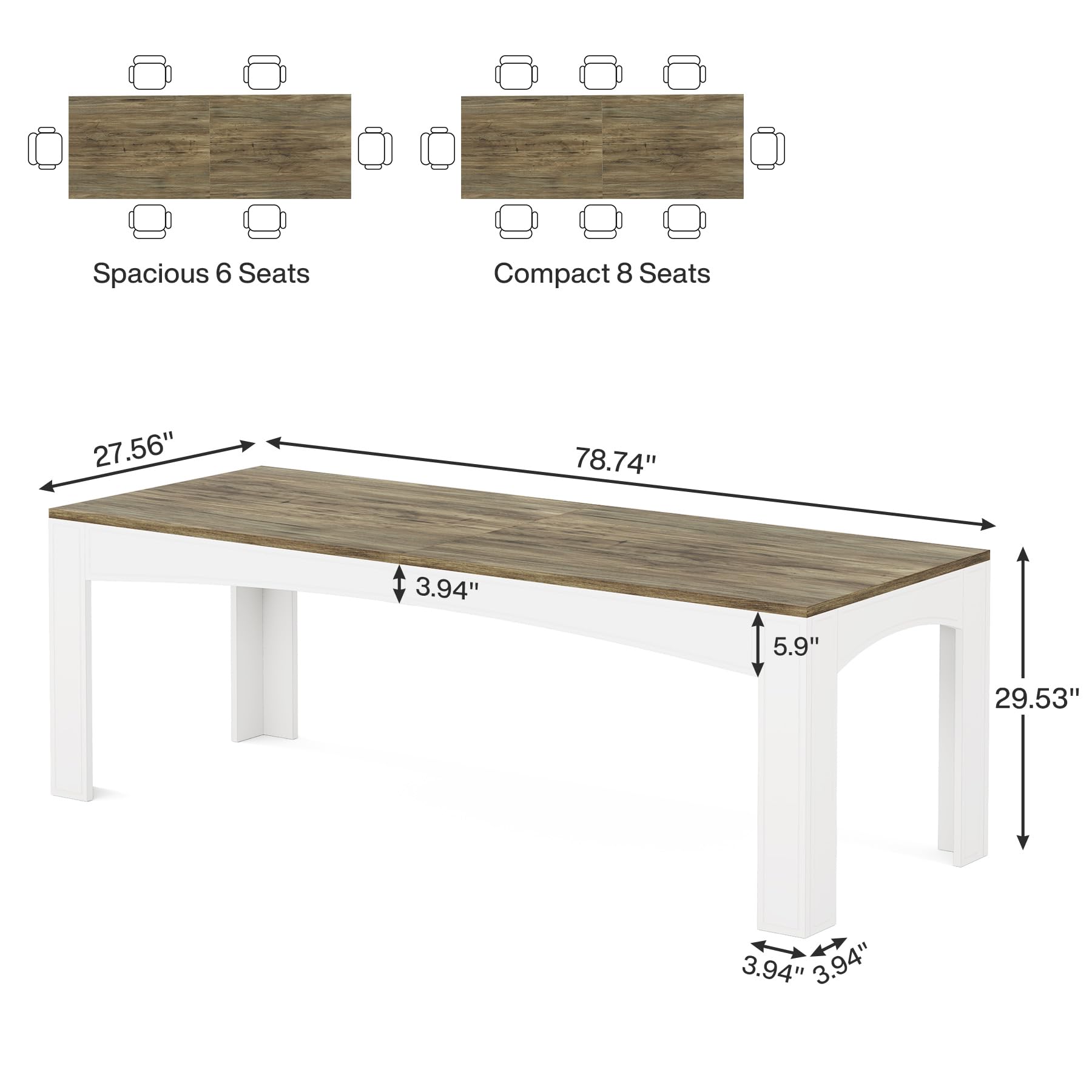 200cm-Inch Dining Table for 6-8 People, Large Farmhouse Kitchen Table with Heavy-Duty Legs, Rectangular Wood Dinner Table for Dining Room, Apartment, and Small Spaces (Brown & White)