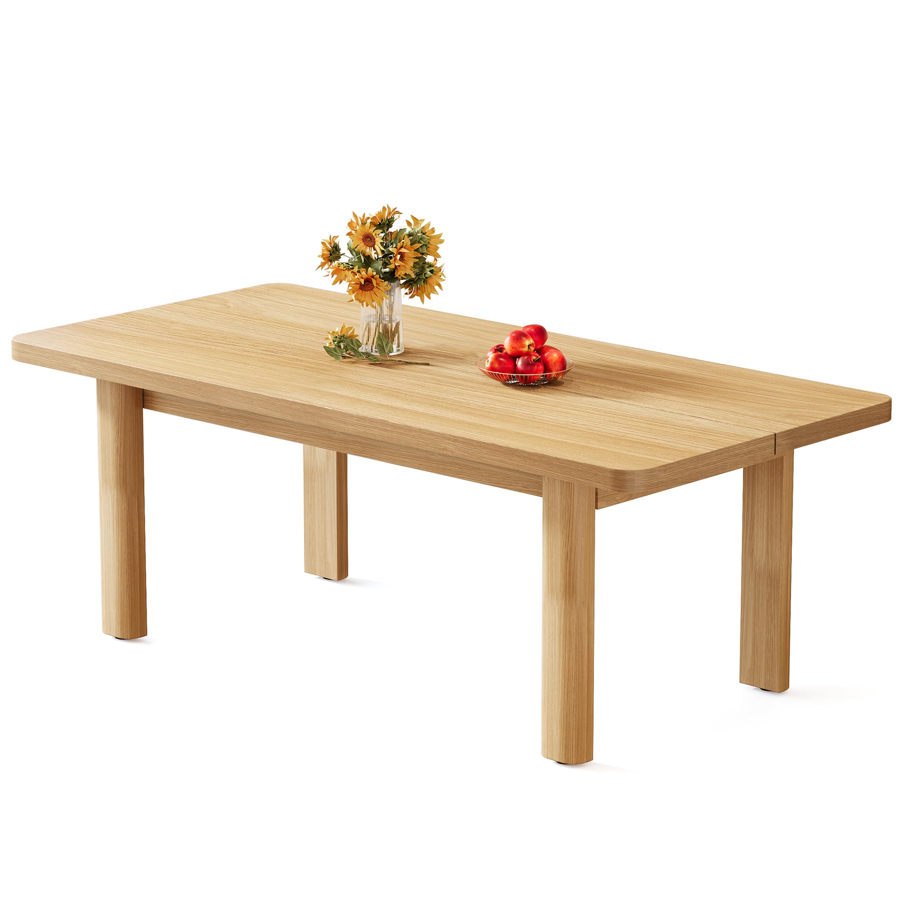 Wood Dining Table for 4-6 People, 158cm Farmhouse Kitchen Table with Solid Wood Legs, Rectangular Dinner Table for Dining Room, Kitchen, Living Room