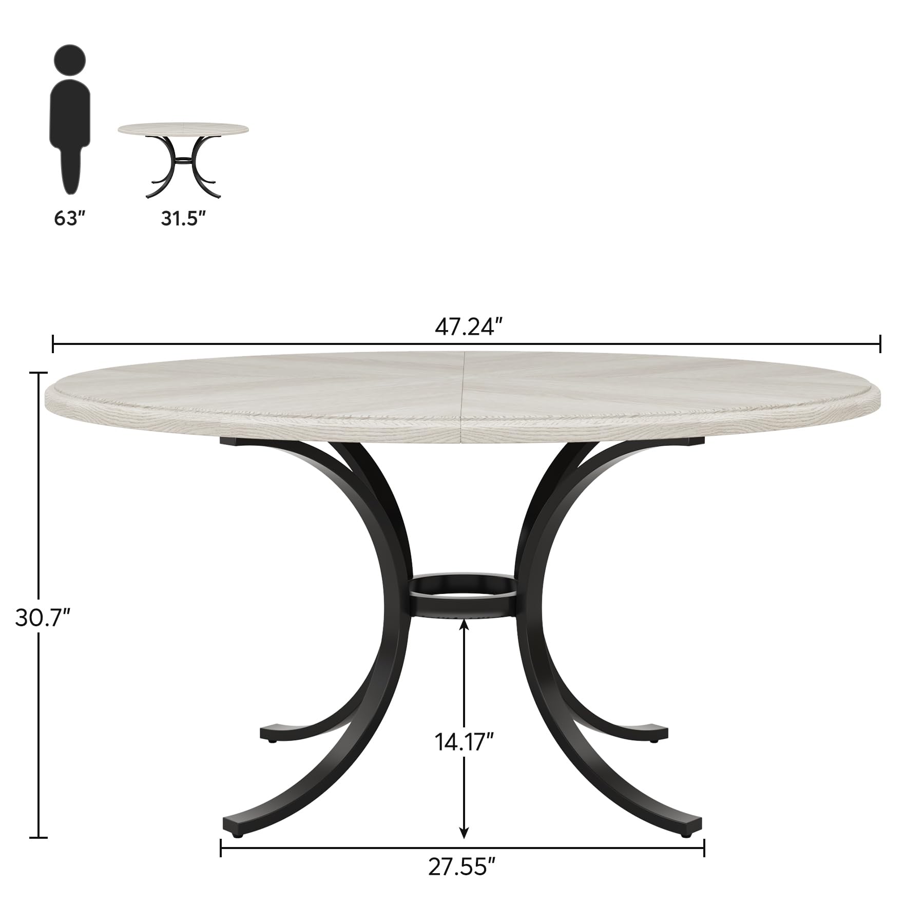 120cm Round Dining Table for 4-6 People, Farmhouse Kitchen Table with Wooden Texture Surface & Pedestal, Round Table for Dining Room, Living Room, Brown (Only Table)