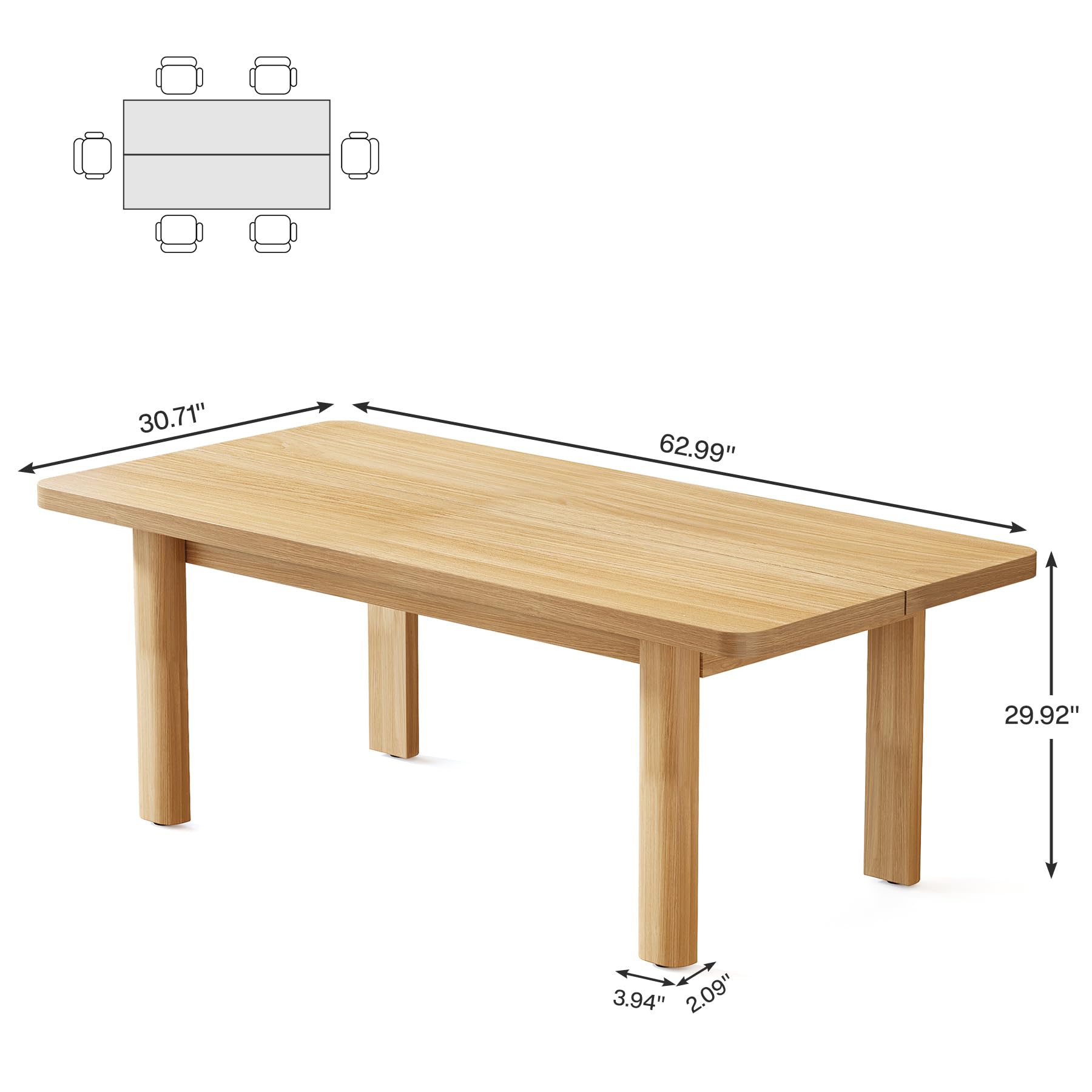 Wood Dining Table for 4-6 People, 158cm Farmhouse Kitchen Table with Solid Wood Legs, Rectangular Dinner Table for Dining Room, Kitchen, Living Room