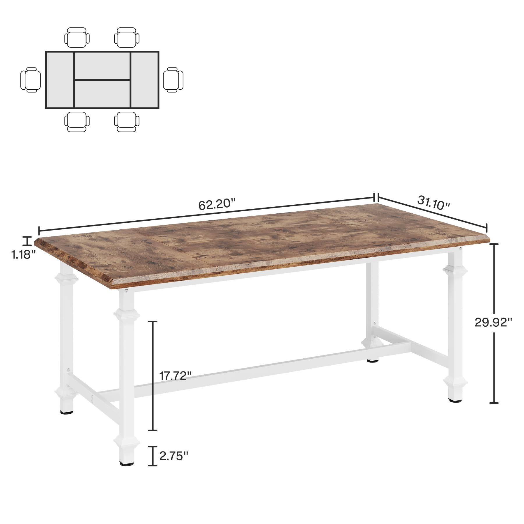 158cm Dining Table for 6 People, Modern Dining Room Table, Rectangle Kitchen Table, Wood Rustic Dinner Table with Heavy Duty Metal Legs