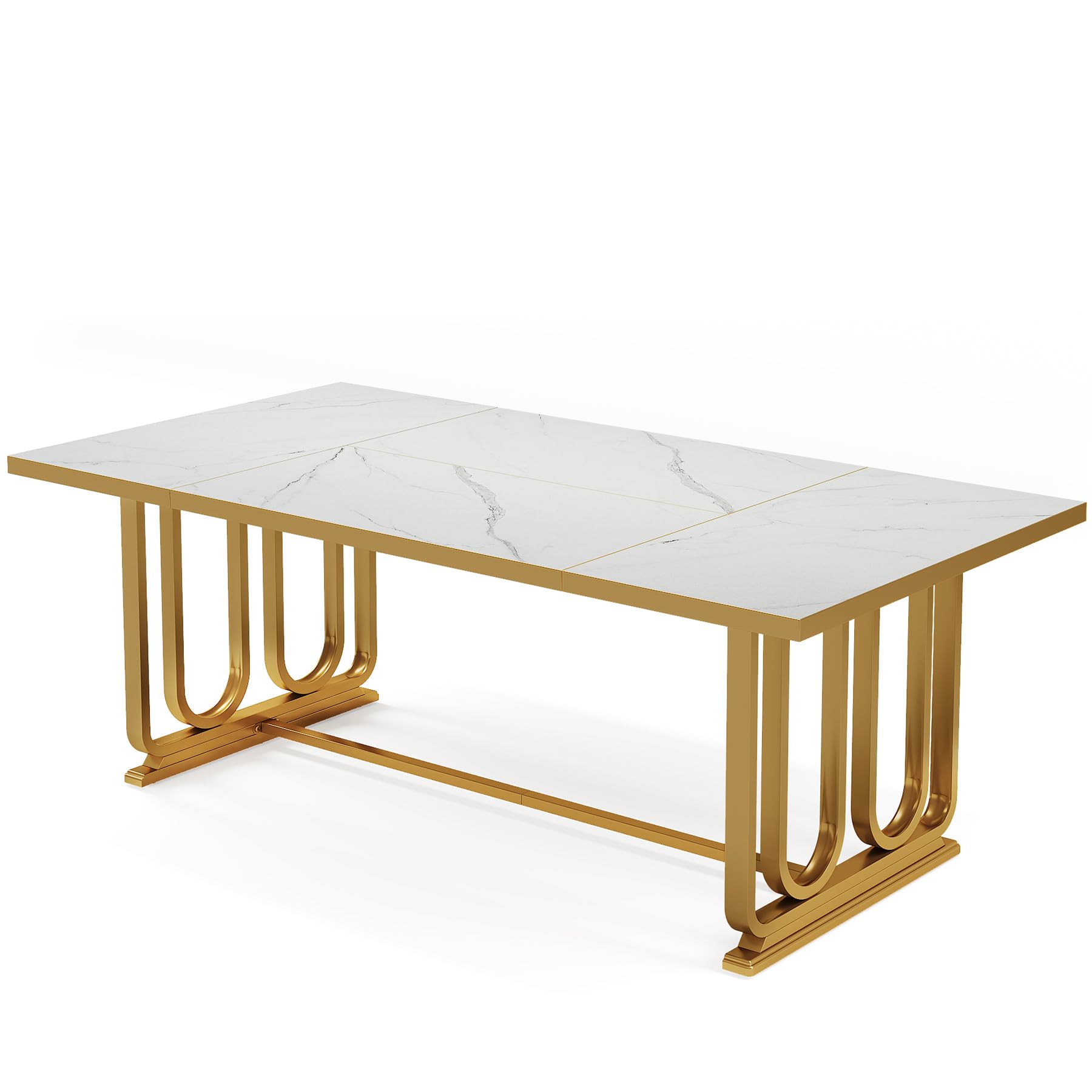 Modern Dining Table for 6-8, 180cm Rectangle Kitchen Table, Wood Dining Room Table with Faux Marble Tabletop and Golden Metal Legs, Large White Dinner Table for Dining Room (Table Only)