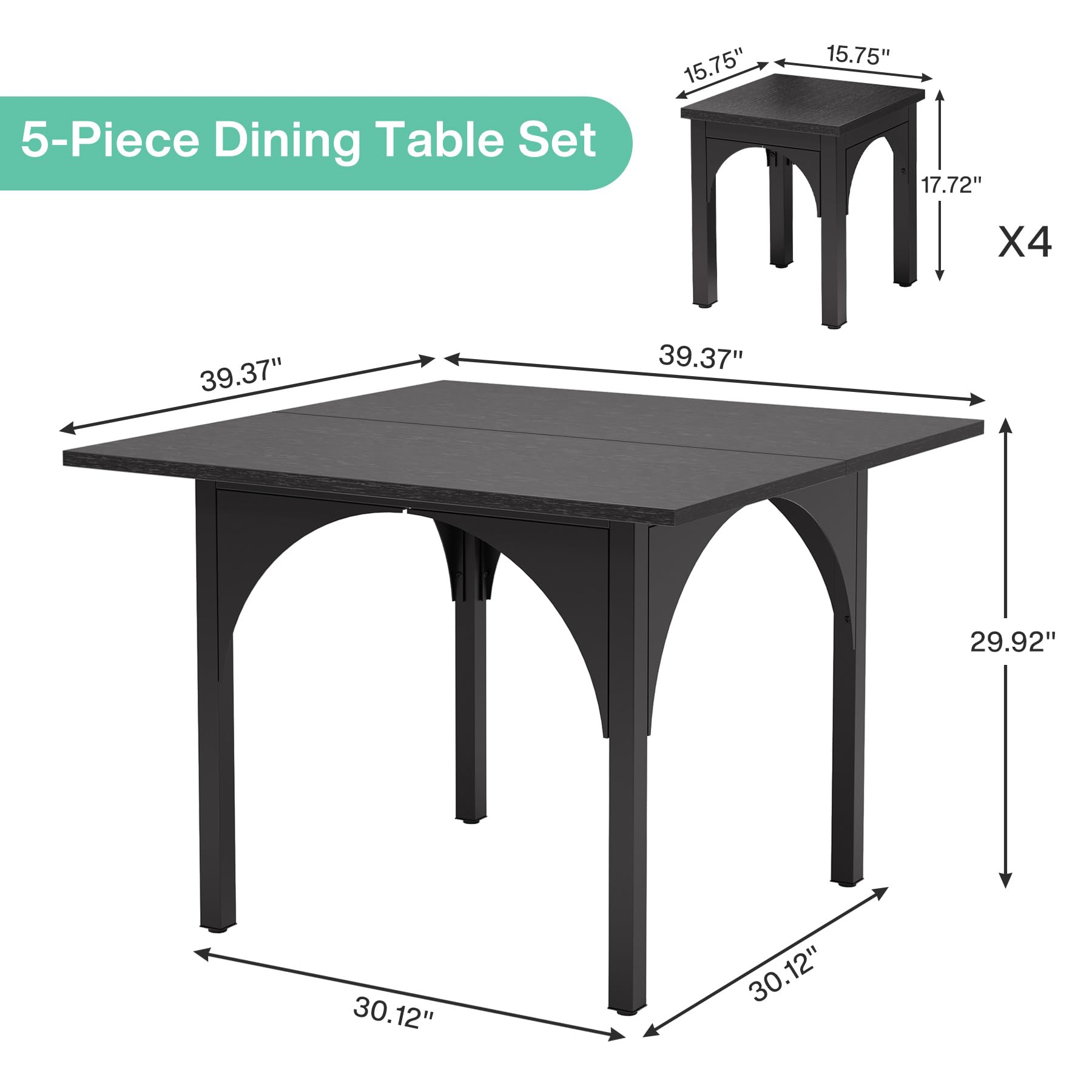 5-Piece Dining Table Set for 4 People, Modern Black Kitchen Room Table with 4 Chairs, 39.4-Inch Square Dinner Table Set with 4 Seats for Kitchen, Dinette,Dining Room