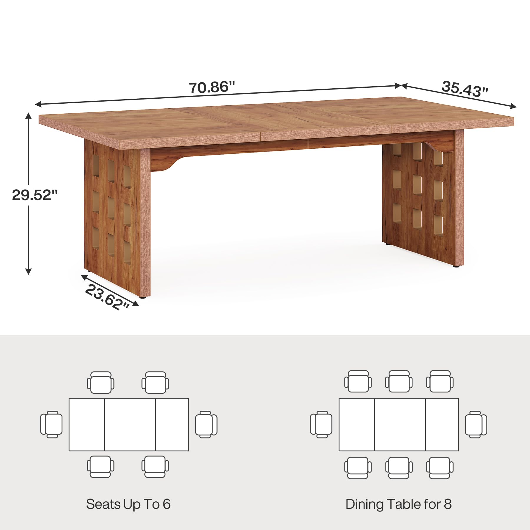 178cm Large Dining Table for 6-8, Farmhouse Wood Kitchen Table with Big Tabletop, Rustic Rectangular Long Dinner Table for Dining Room, Living Room, Kitchen, 70.8" L x 35.4" W x 29.5" H