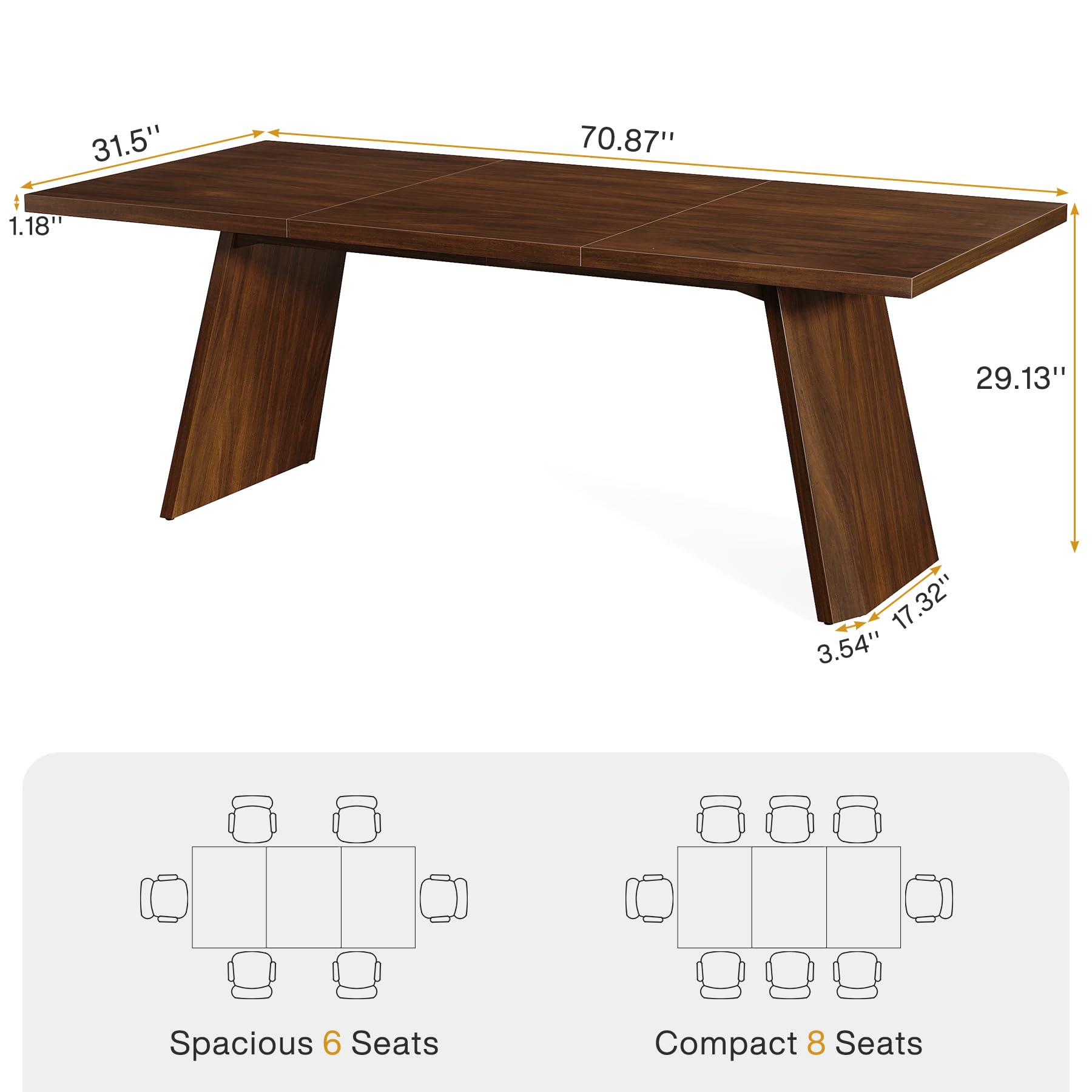 178cm Dining Table for 6 to 8 People, Farmhouse Wooden Kitchen Table, Rectangular Dinner Table with Large Tabletop for Dining Room, Kitchen, Home, Walnut Brown