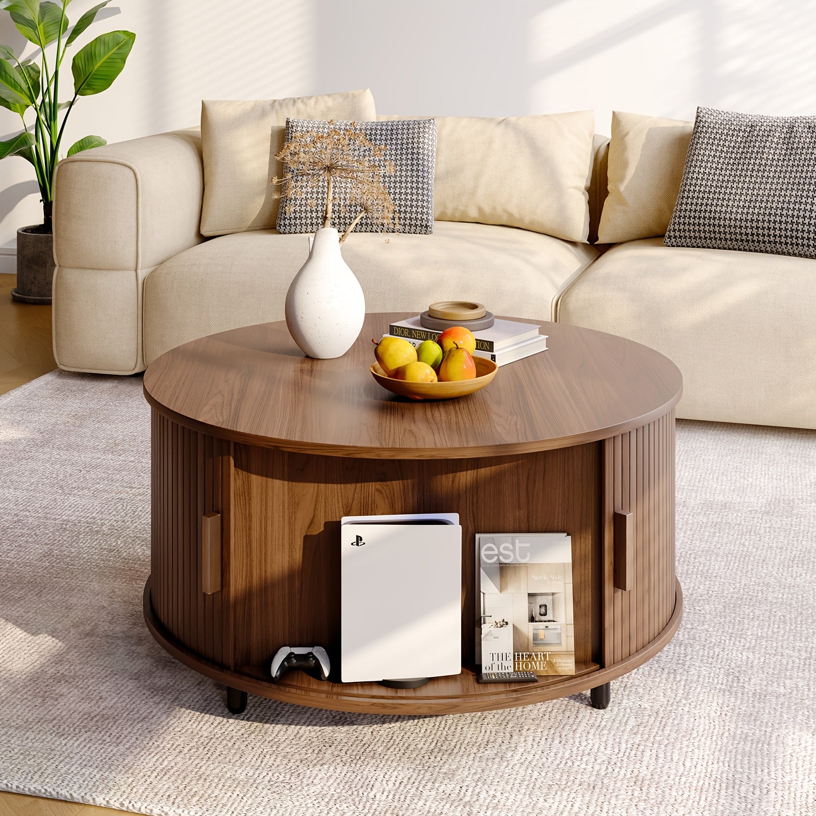 Wooden Round Coffee Table 31.5 Inch Center Table With Storage Space, 360° Curved Sliding Door And Adjustable Footrest Sofa Side Table For Family Living Room Walnut