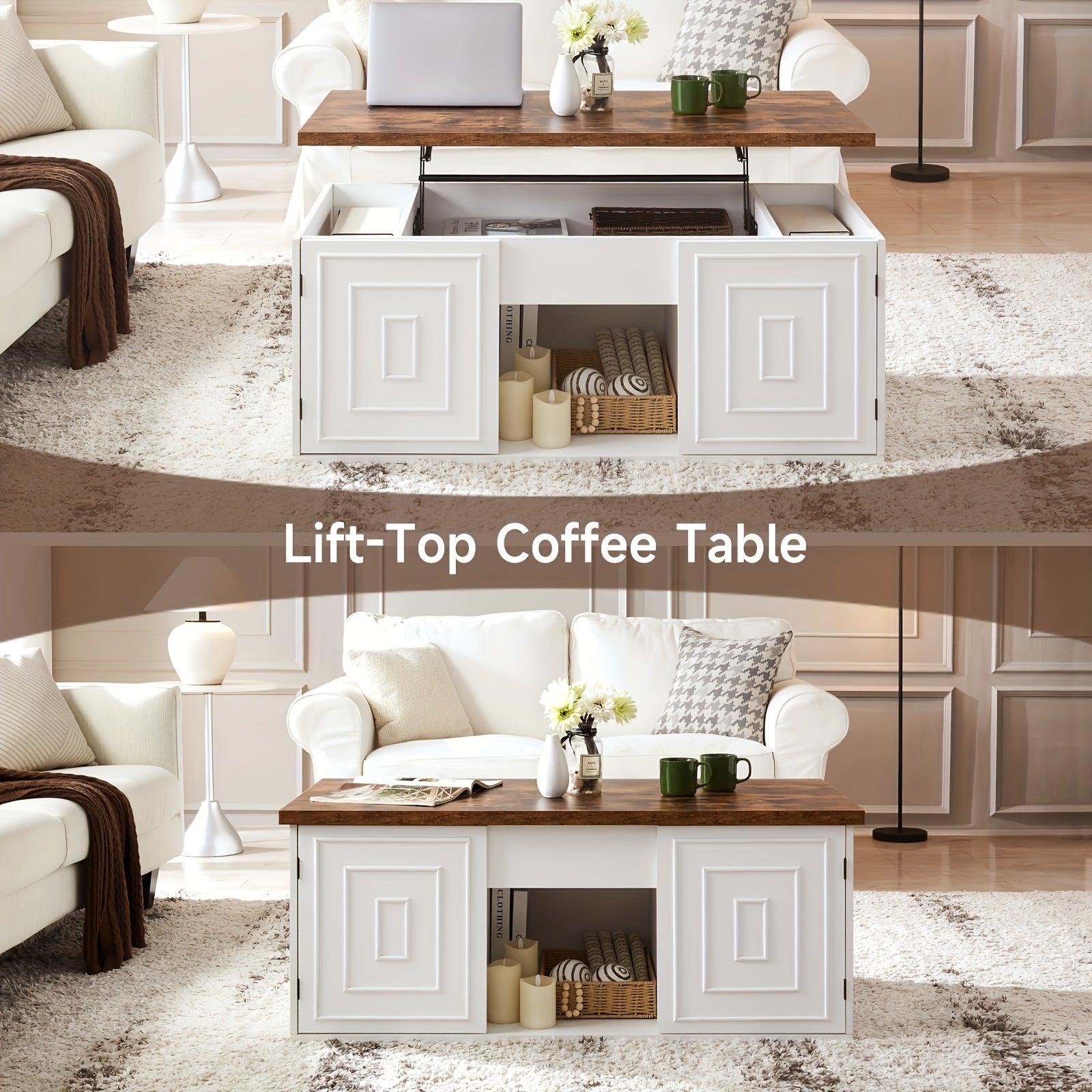 Coffee Table With Storage, 122cm Square Coffee Table For Living Room, And White Lift Top Coffee Table Suitable For Work And Drinking, Rustic Brown