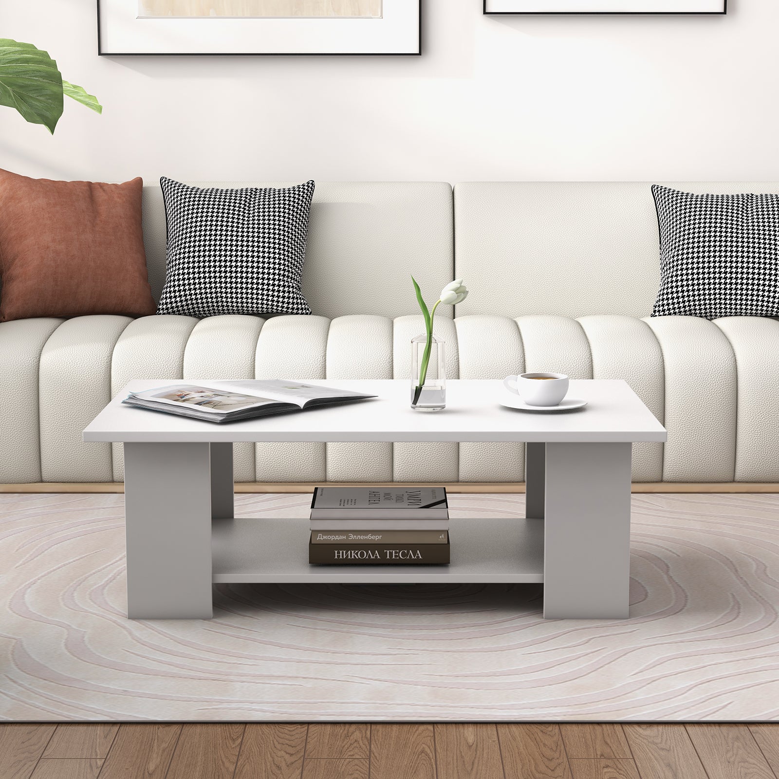 Coffee Table, Modern 2-Tier Center Table with Open Storage Shelf, Rectangular Cocktail Table with 5 Support Legs, Wooden Accent Living Room Furniture, White