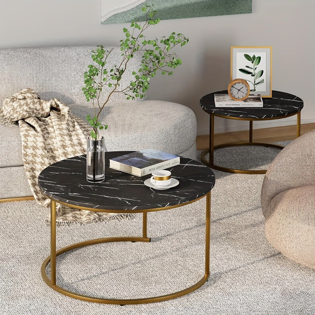 2pcs Nesting Coffee Table Set, Modern Round Coffee Tables for Living Room, Balcony, Office, Circle Table Accent End Side Table with Sturdy Golden Metal Frame, Easy Assembly