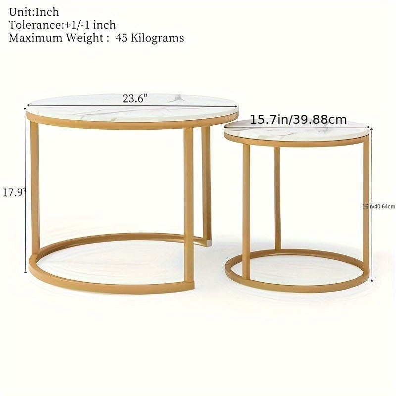 Coffee Table Nesting White And Gray Top Golden Frame Circular Round And Marble Pattern Wooden Tables, Living Room Bedroom Apartment Modern Industrial Simple Nightstand.