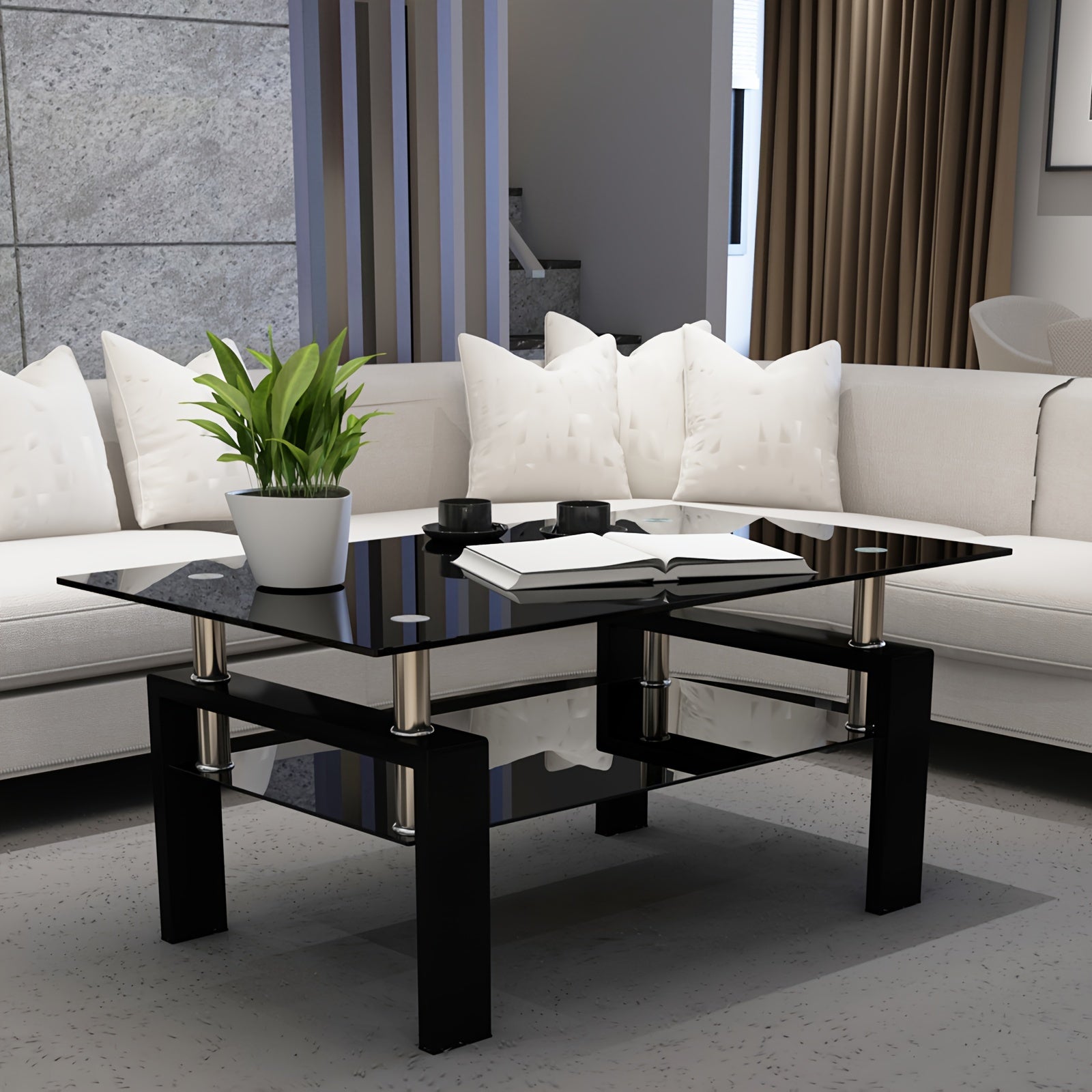 Glass Coffee Table Metal Tube Glass Coffee Table for Livingroom (Black Leg +Black Glass)