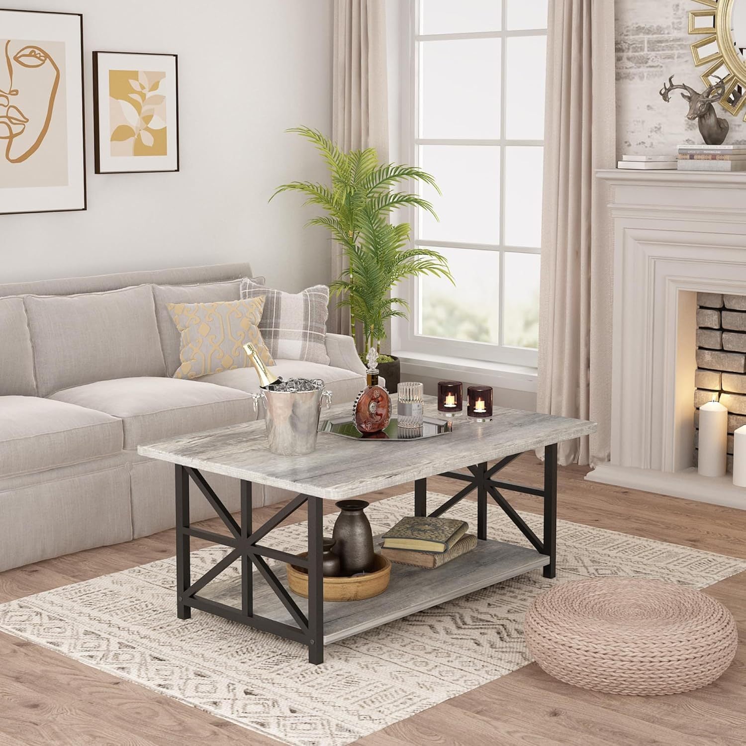 Coffee Table for Living Room, Faux Marble 2-Tier Coffee Table with MDF Broad & Metal Frame, Farmhouse Style Rectangular Center Table for Small Space, Space Saving Tea Table for Bedroom, Kitchen, Office