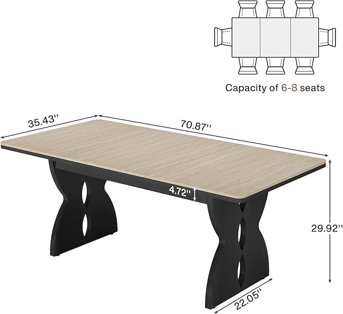 180cm Long Dining Table for 6 to 8 People, Modern Wood Dining Room Table with Large Tabletop, Farmhouse Rectangle Kitchen Tablee with Heavy Duty Pedestal for Dining Room, Beige and Black