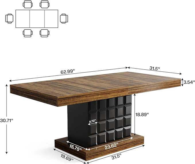 160cm Dining Table for 4-6, Modern Rectangular Dining Room Table with Geometric Relief, Pedestal Dining Kitchen Table Wooden Dinner Table for Dining Room, Kitchen, Brown and Black