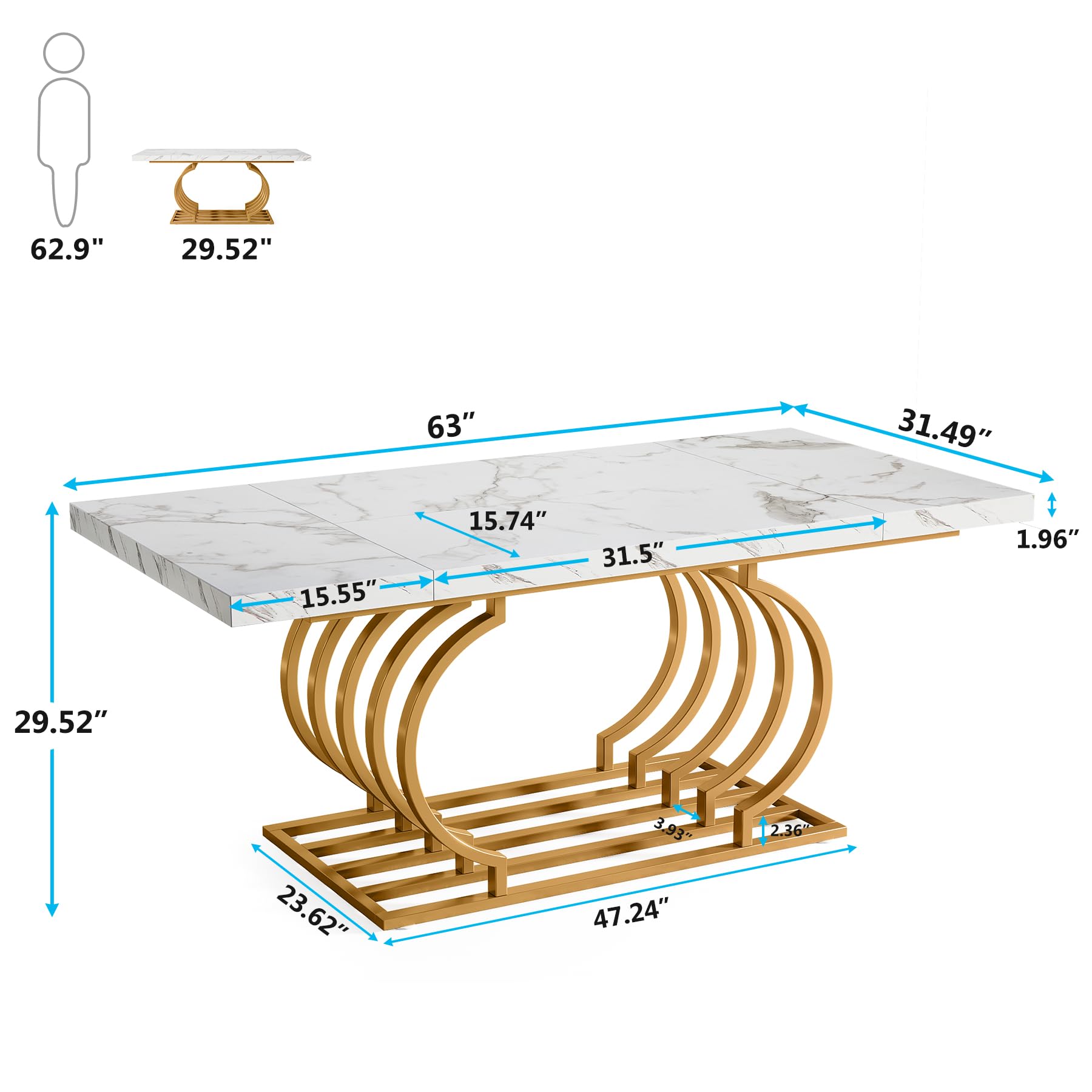 Modern Dining Table, 160cm Faux Marble Wood Kitchen Table for 6 People, Rectangular Dinner Room Table with Geometric Frame for Kitchen, Dining Room, White Gold