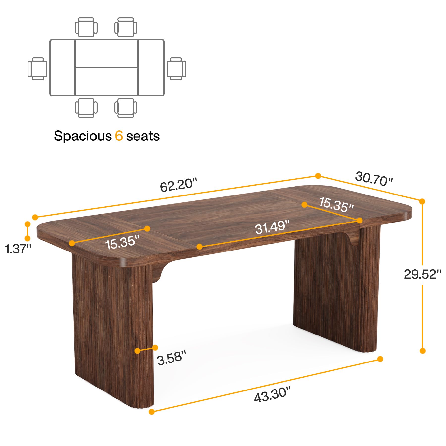 Dining Table for 4-6, Rectangular Wood Kitchen Table with Double Pedestal, 62-Inch Dinner Table for Dining Room, Living Room, Easy Assembly, Only Table (Dark Brown)