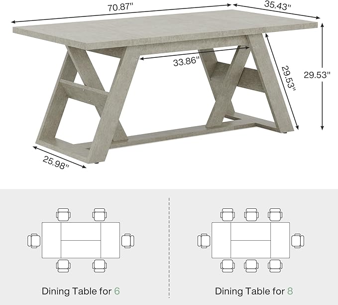 180cm Dining Table, Farmhouse Kitchen Dining Room Table for 6-8 People, Wood Kitchen Table Dinner Table with Double X-Shaped Base for Dining Room, Gray