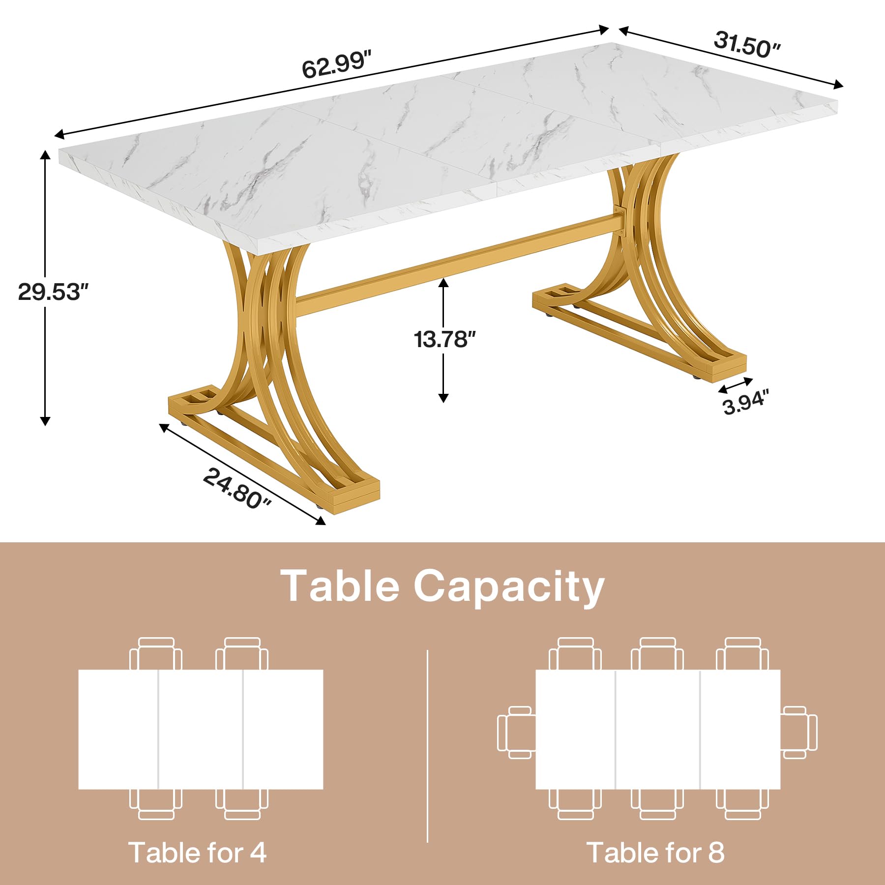 160cm Rectangular Dining Table for 4 to 6, Modern Kitchen Table with Stylish Metal Trestle Legs, Large Dinner Table for Dining Room, Chair Not Included (Grey+Black)