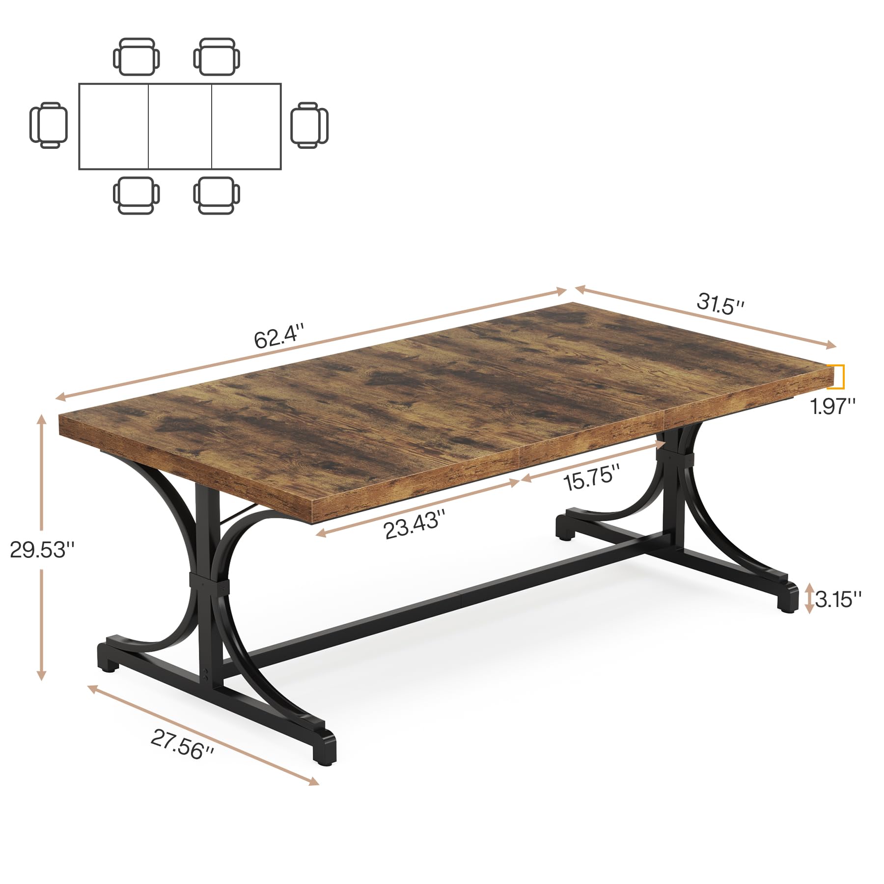 Dining Table for 4-6 People, 160cm Rectangle Kitchen Table with Heavy Duty Metal Frame, Industrial Wood Dining Table for Kitchen, Living Room (Rustic Brown & Black, Only Table)