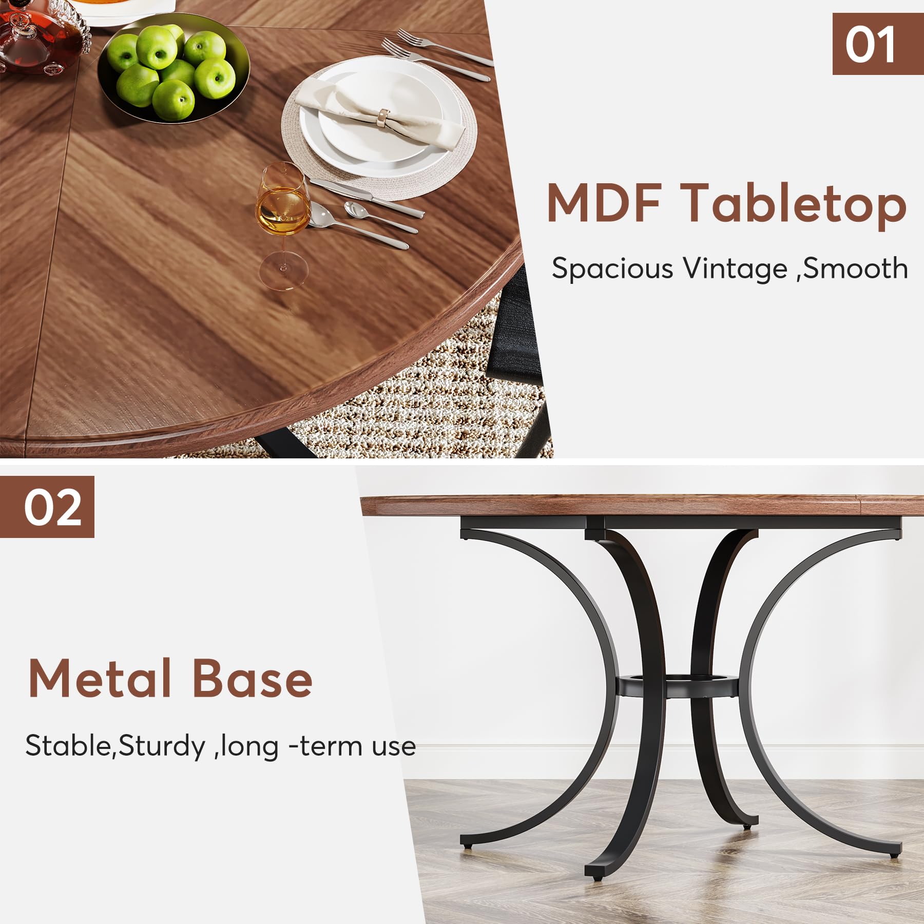 120cm Round Dining Table for 4-6 People, Farmhouse Kitchen Table with Wooden Texture Surface & Pedestal, Round Table for Dining Room, Living Room, Brown (Only Table)