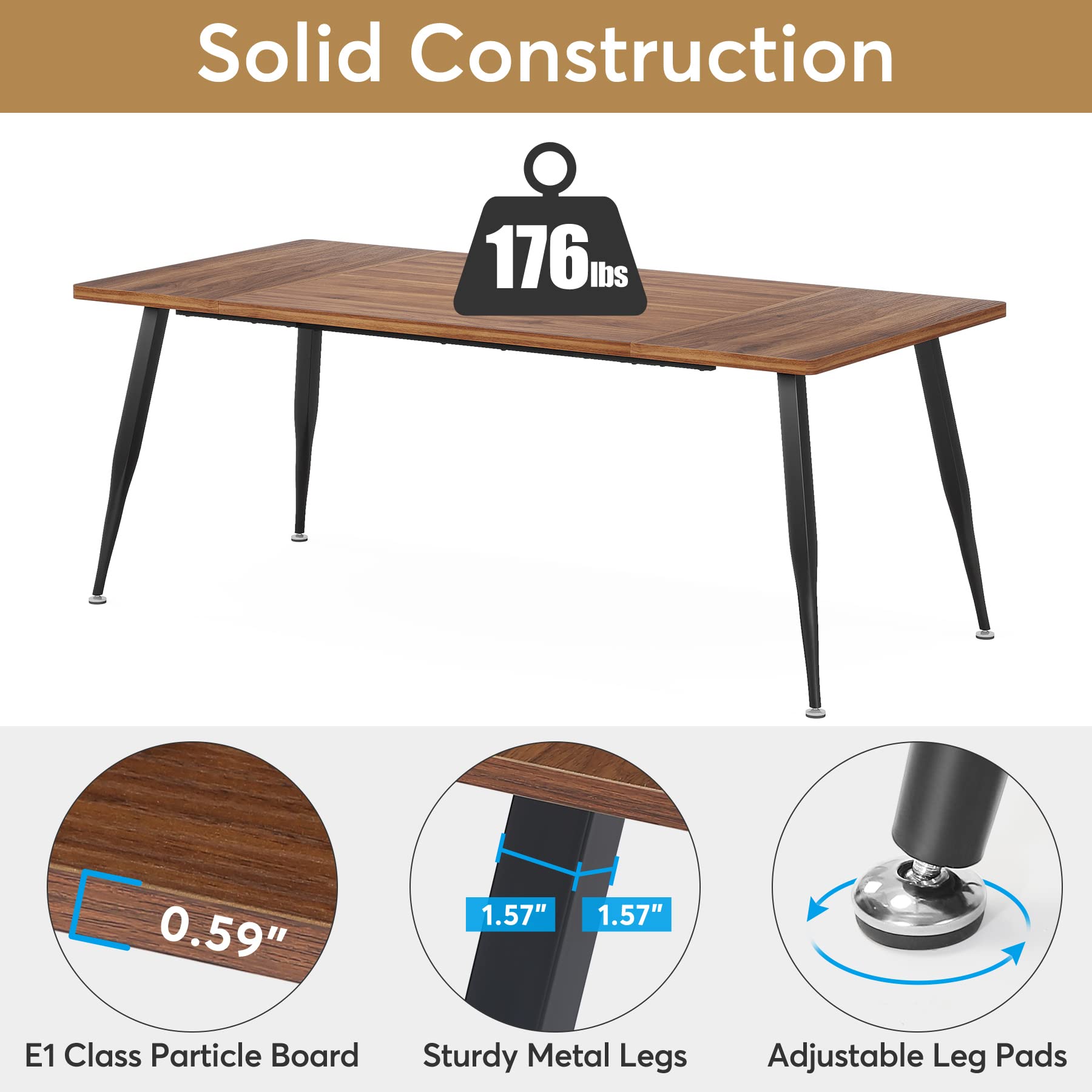 180cm Large Dining Table for 6 to 8, Industrial Kitchen Table Furniture with Metal Legs, Modern Faux Wood Rectangular Dinner Table for Dining Room, Rustic Brown/Black