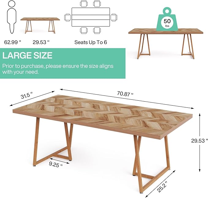 Farmhouse Dining Table for 6 to 8, 180cm Rectangular Wood Kitchen Table with Heavy Duty Metel Legs, Industrial Dinner Table for Dining Room, Living Room, Walnut