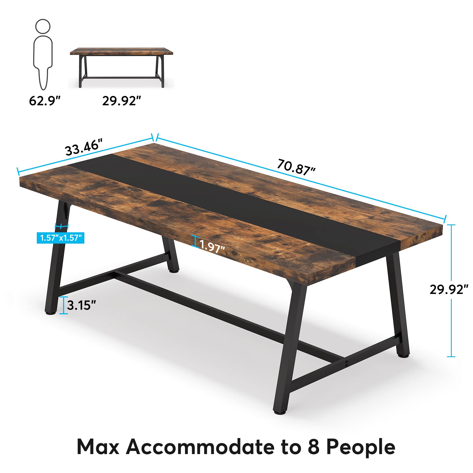 Dining Table for 8 People, 180cm Rectangular Wood Kitchen Table with Strong Metal Frame, Industrial Large Long Dining Room Table for Big Family (Rustic Brown)