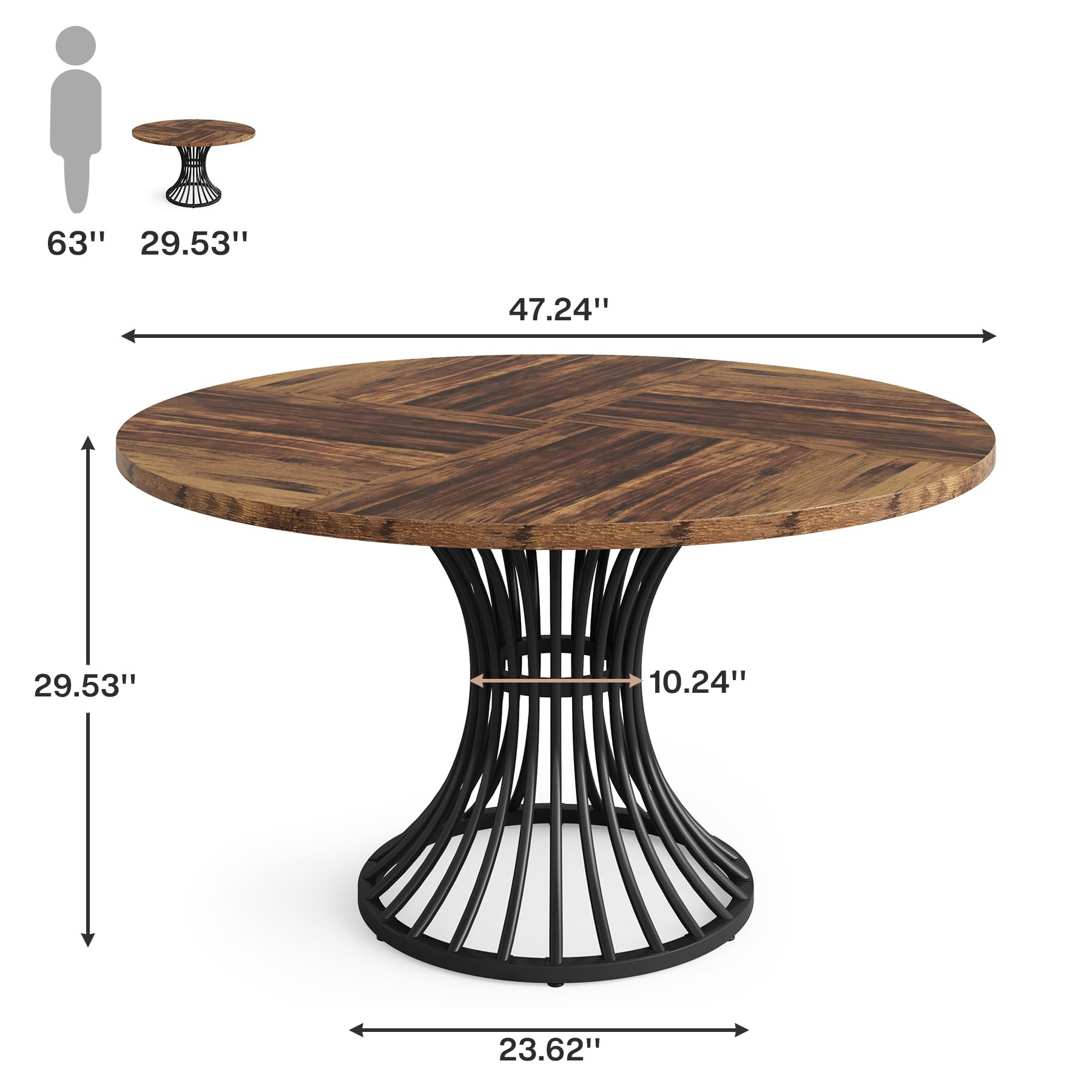 Round Dining Table for 4-6 People, 119cm Farmhouse Dinning Room Table Circle Kitchen Table, Industrial Dinner Table with Metal Base for Kitchen, Living Room, Rustic Brown