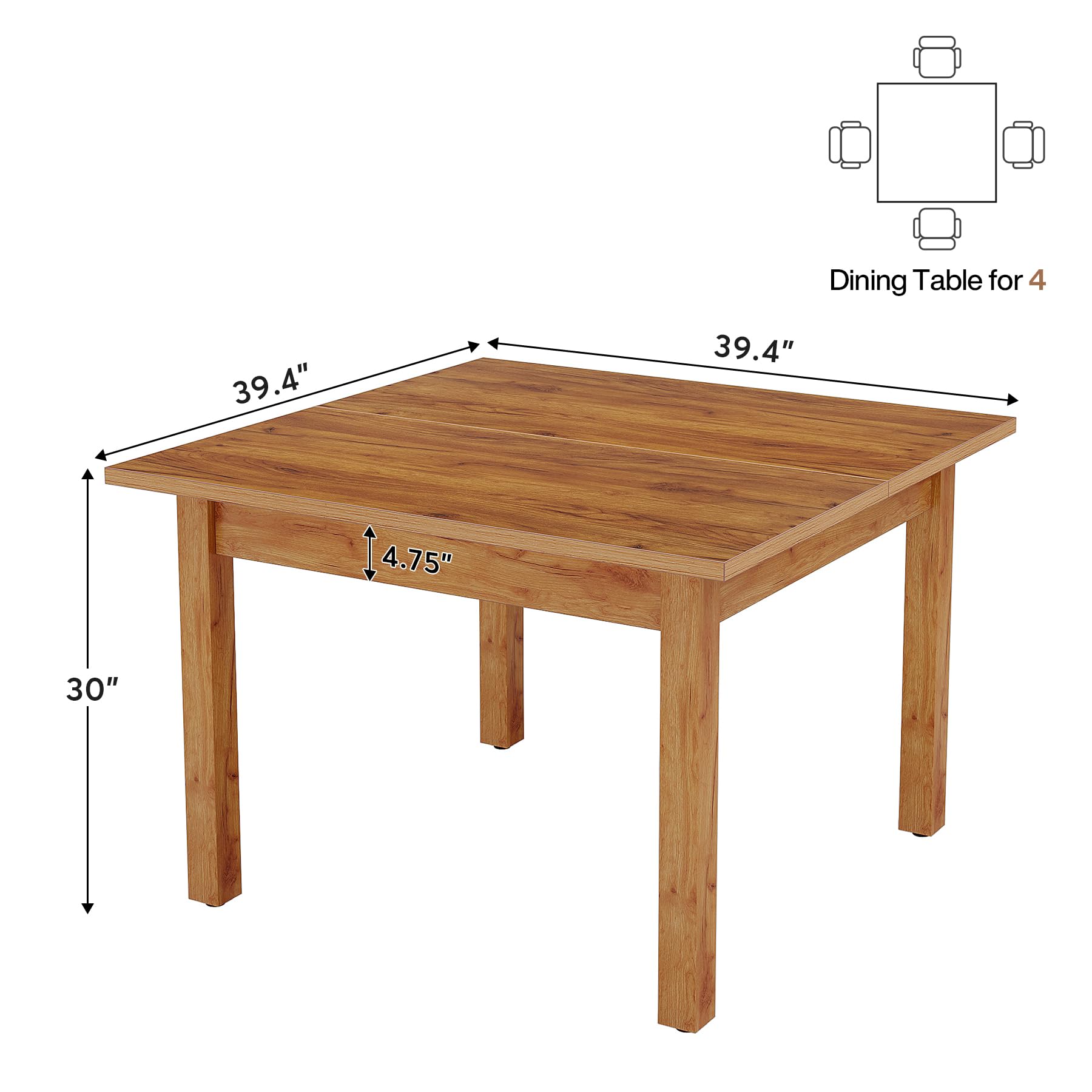 Wood Dining Table Farmhouse Kitchen Table for Dining Room Living Room, 2-4 Person Dining Room Table Square Dinner Tables with Wooden Legs Oak Top for Small Space, Rustic Brown(Only Table)