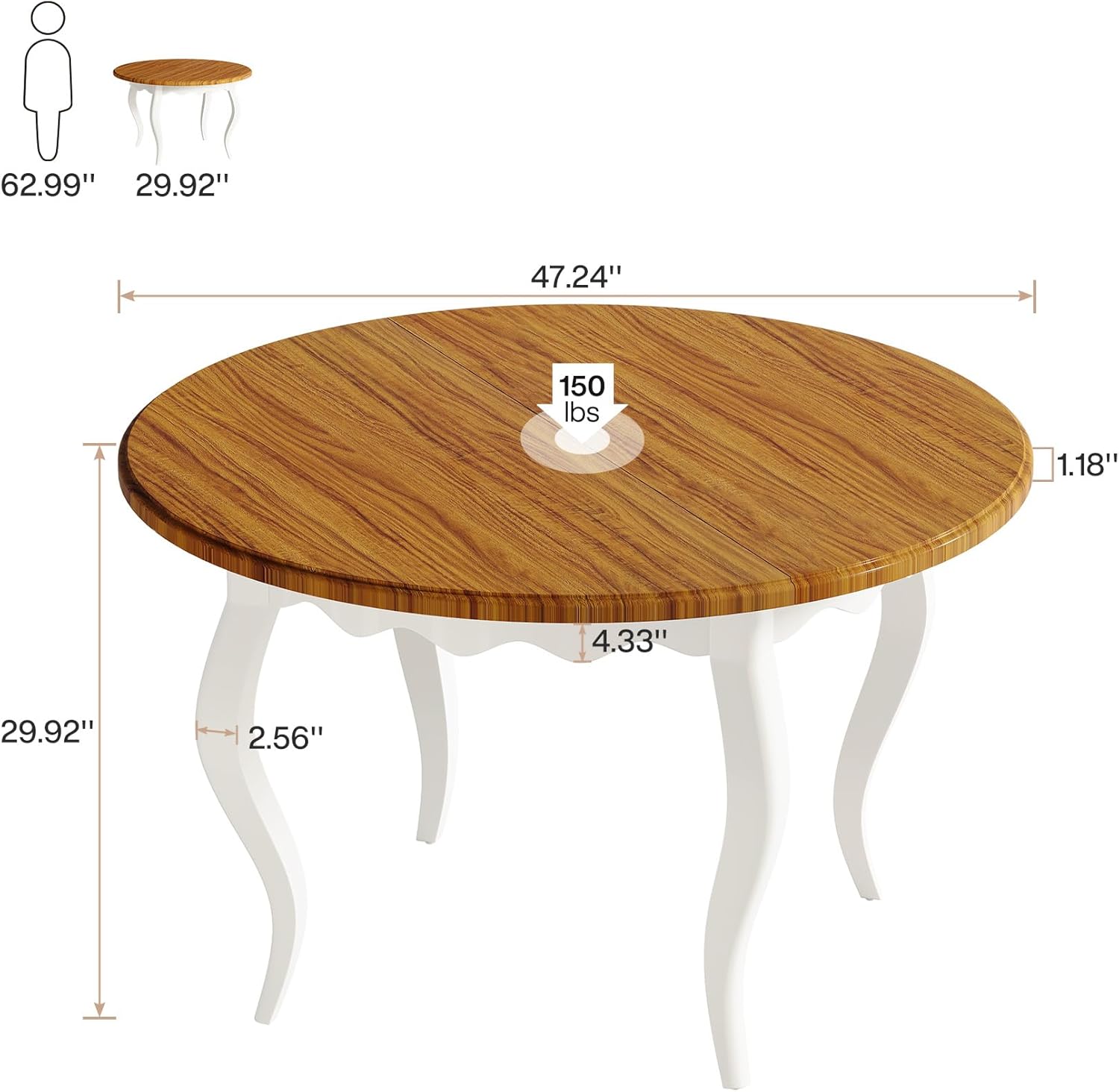 Round Dining Table for 4, 119cm Farmhouse Kitchen Dinner Table, Wood Circle Dining Room Table with Solid Wood Legs for Kitchen, Living Room, Brown and White (Only Table)