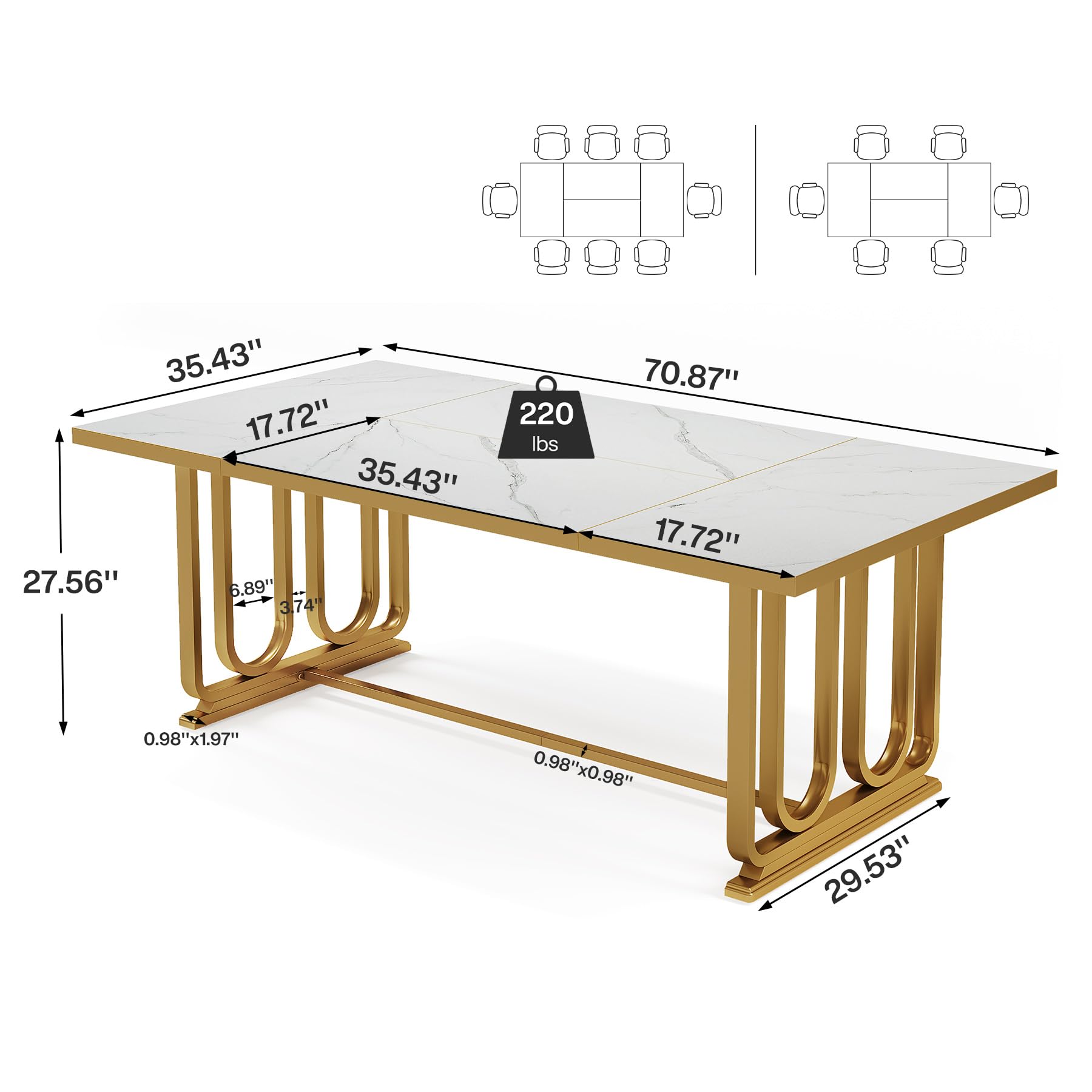 Modern Dining Table for 6-8, 180cm Rectangle Kitchen Table, Wood Dining Room Table with Faux Marble Tabletop and Golden Metal Legs, Large White Dinner Table for Dining Room (Table Only)