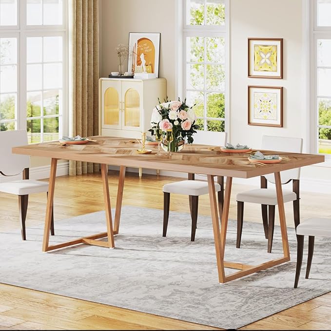 Farmhouse Dining Table for 6 to 8, 180cm Rectangular Wood Kitchen Table with Heavy Duty Metel Legs, Industrial Dinner Table for Dining Room, Living Room, Walnut