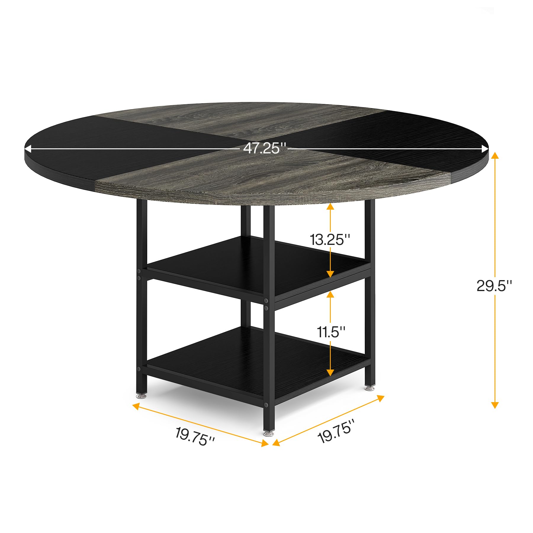 120cm Round Dining Table for 4, Wood Kitchen Table Large Dinner Table with Storage Shelf Metal Legs for Home Dining Room Living Room, Black Rustic Brown(Only Table)