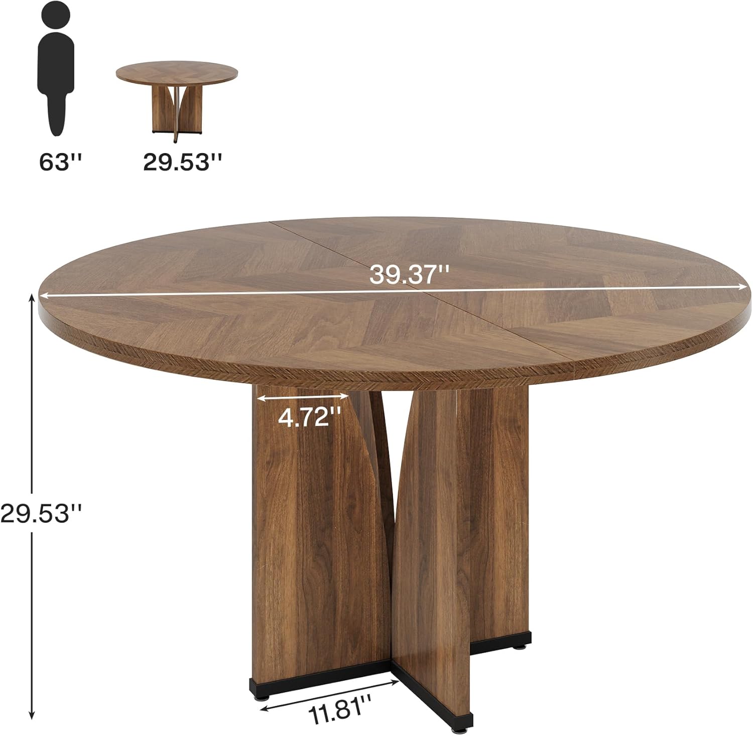 Round Dining Table, 102cm Wood Kitchen Table for 4 People, Farmhouse Dinner Table with Wooden Table Top and Legs, Rustic Brown Dining Table for Dining Room Living Room (Without Chair)