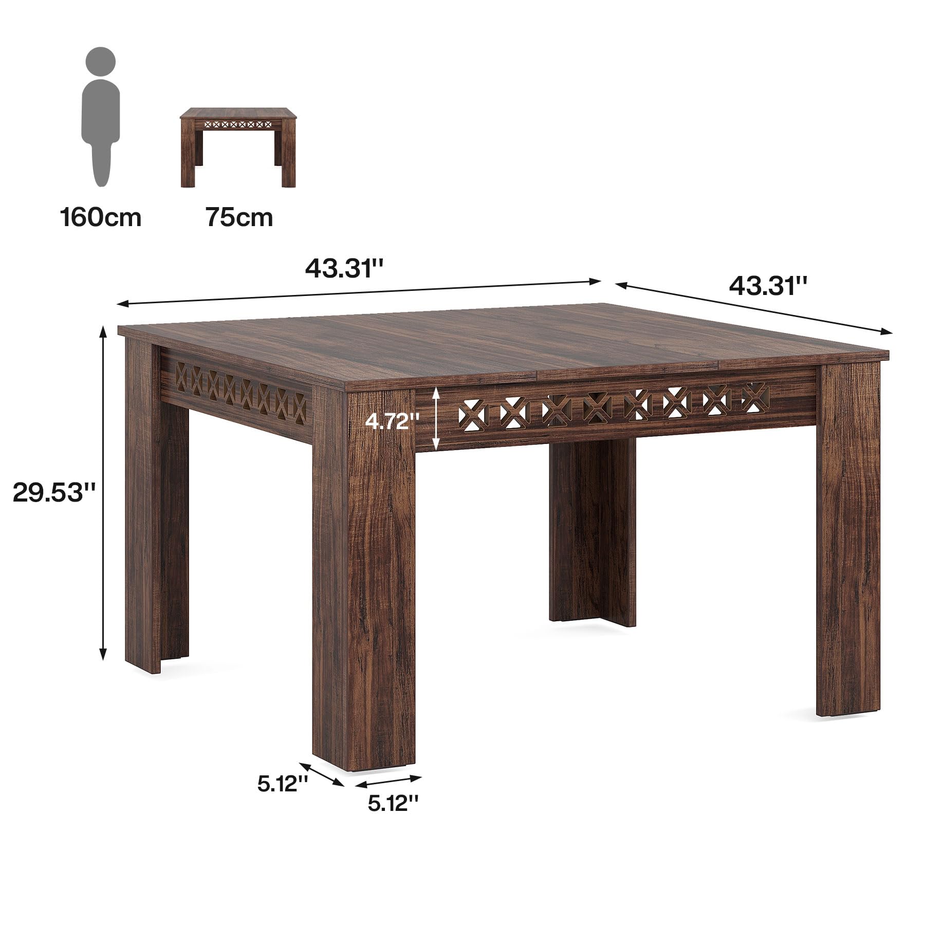 110cm Square Dining Table for 4, 2-4 Person Farmhouse Wood Dining Room Table (Rustic Brown, Heavy Duty Legs)