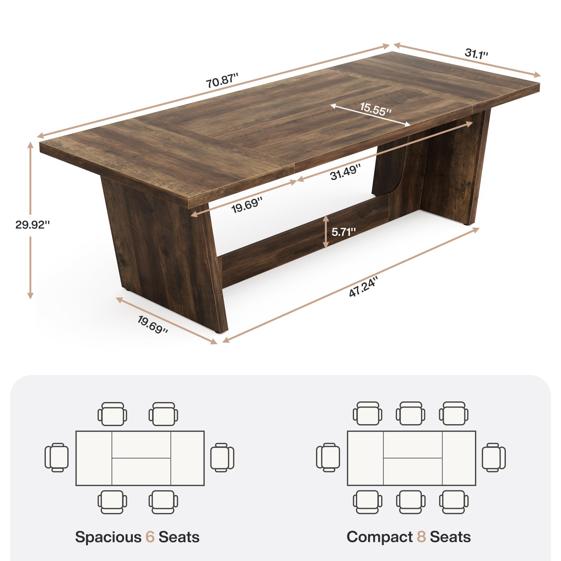 180cm Dining Room Table: Wood Large Dining Table for 6-8 People, Rectangular Farmhouse Kitchen Table with Solid Pedestal, Rustic Long Dinner Table for Big Family