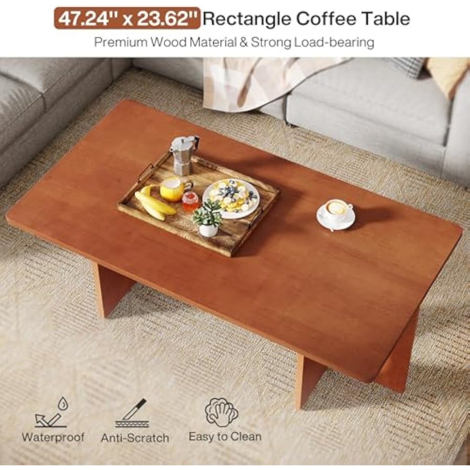 Chic 47" Rectangle Coffee Table with Geometric Base - Heavy-Duty, & Scratch-Resistant Wooden Centerpiece for Living Room