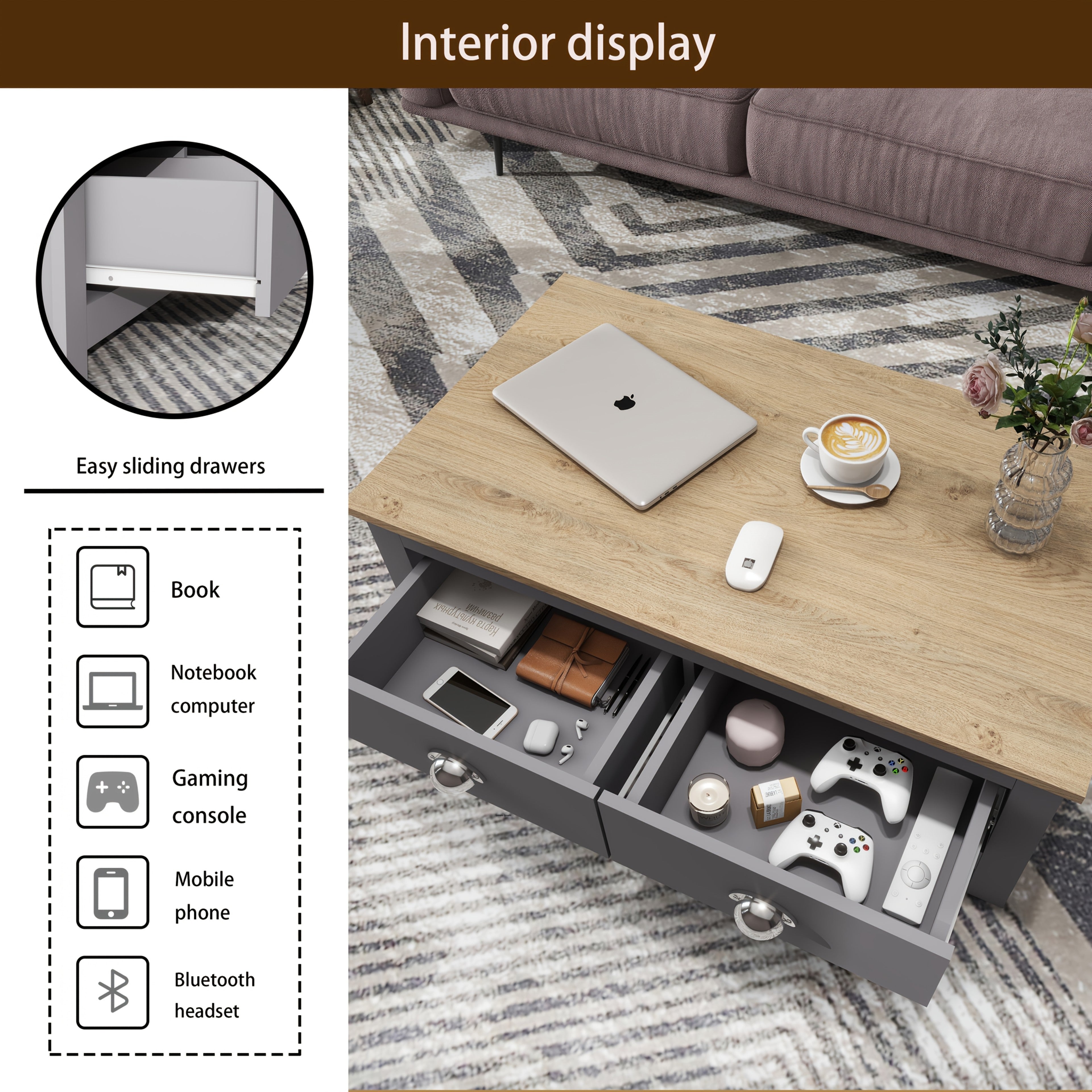 Coffee Table with 2 Drawers Storage, Living Room Wooden Coffee Table, Easy to Assemble, Suitable for Small Space