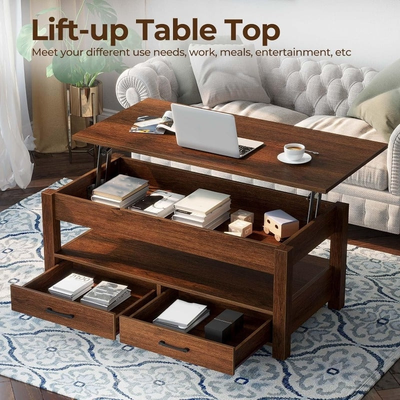 Coffee Table, 120cm Lift Top Coffee Table with Drawers and Hidden Compartment, Retro Central Table with Wooden Lift Tabletop, for Living Room