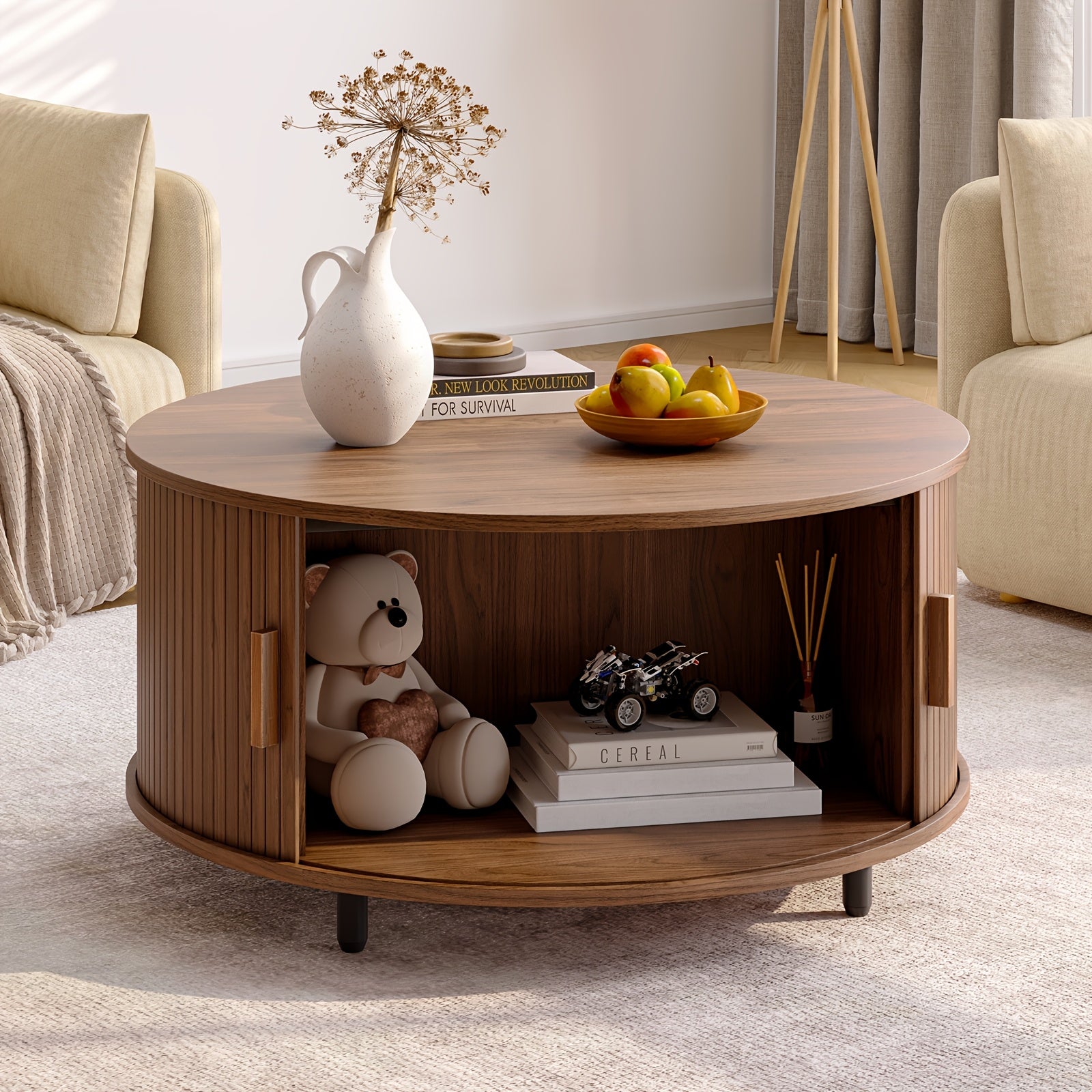 1pc 31.5" Modern Round Coffee Table, Grooved Hardwood with Sliding Door, Space-Saving Engineered Wood Pedestal, Adjustable Feet, Stable & Easy to Clean, Walnut Finish, Living Room Furniture