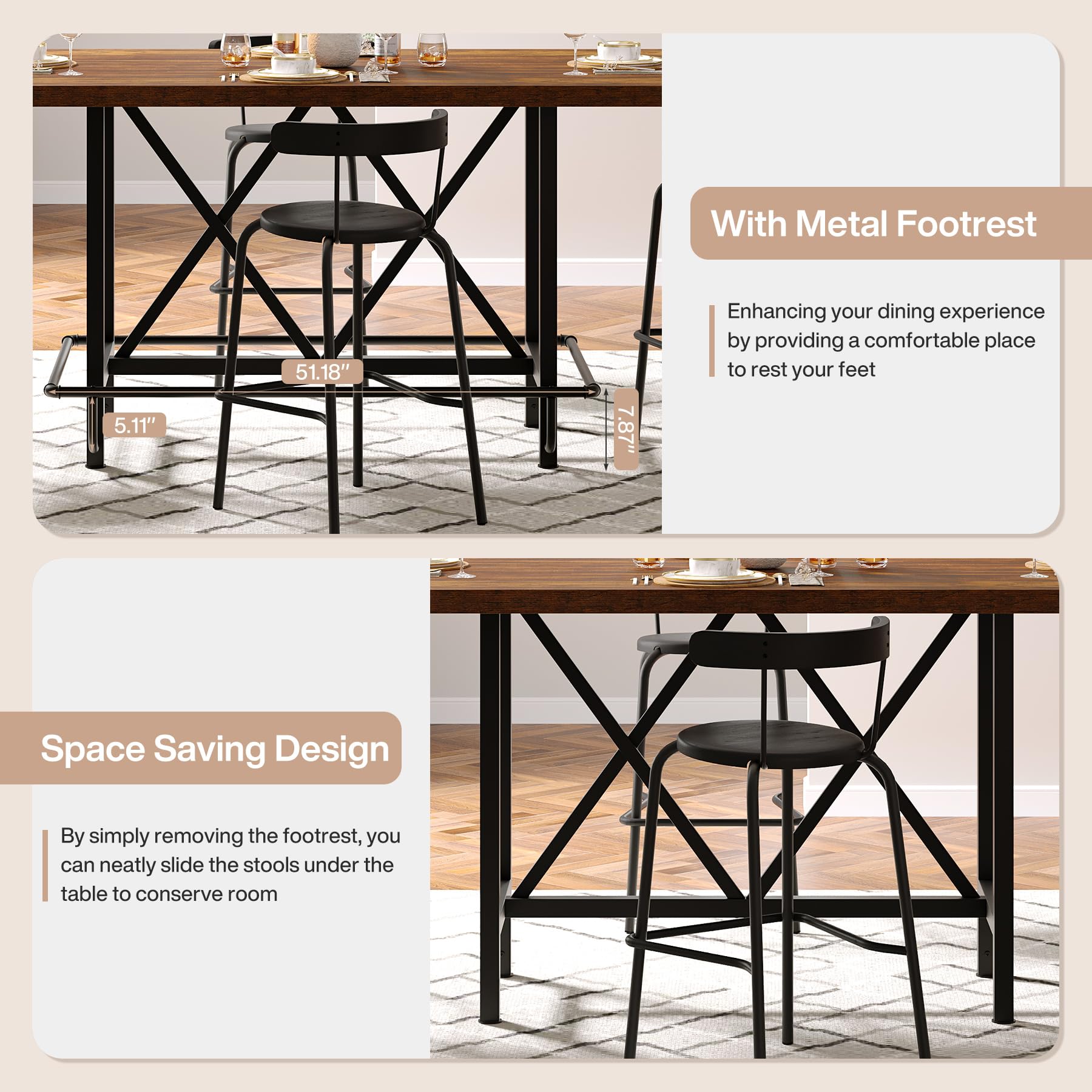 Dining Table for 6 People, Industrial Rectangular Kitchen Table with Metal Footrest, 89cm Counter Height Dinner Table with Heavy Duty Metal Legs for Dining Room (Rustic Brown)