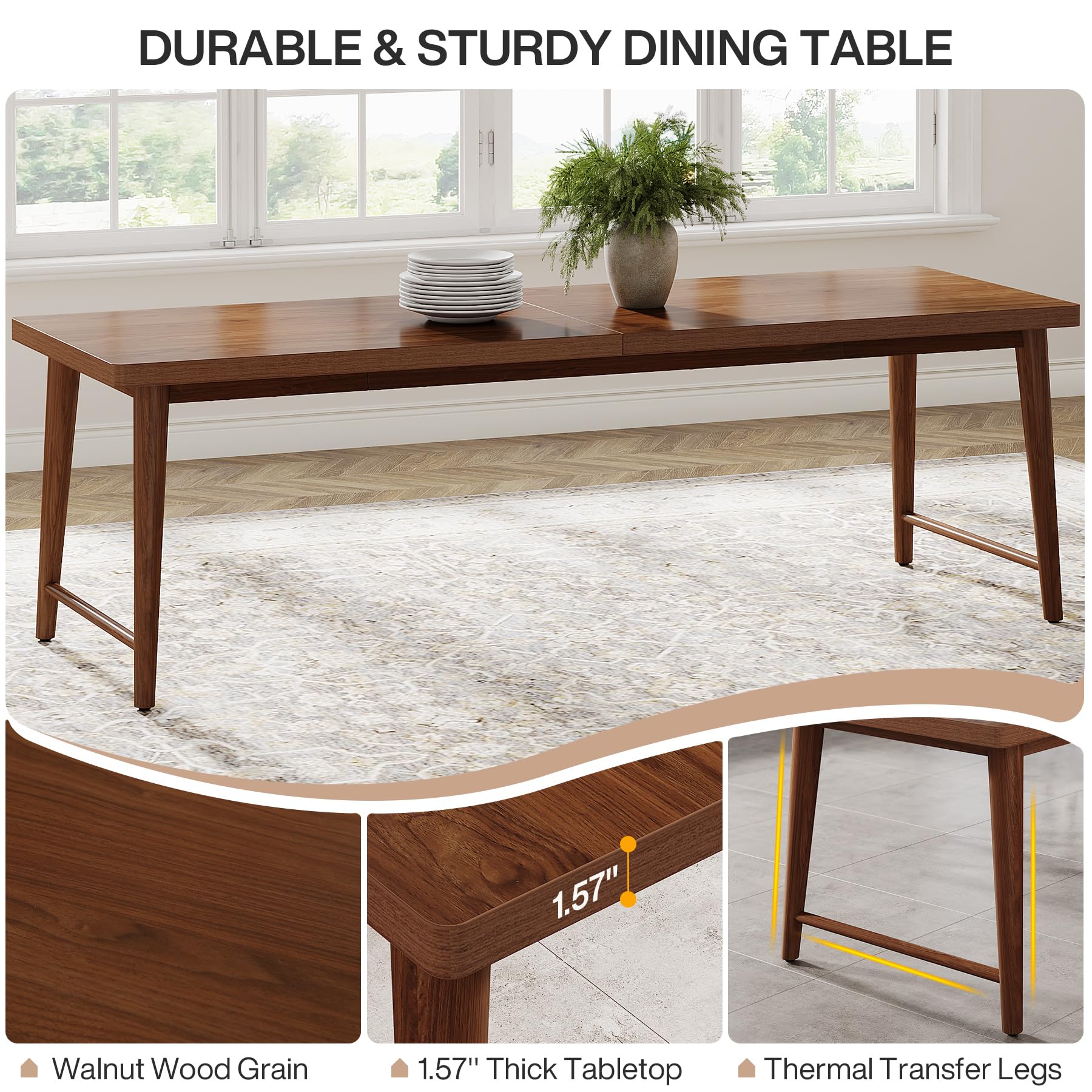 200cm-Dining Table, Mid-Century Modern Kitchen Dining Room Table for 6-8 People, Wood Kitchen Table Dinner Table with Heavy Duty Metal Legs for Dining Room, Rich Walnut