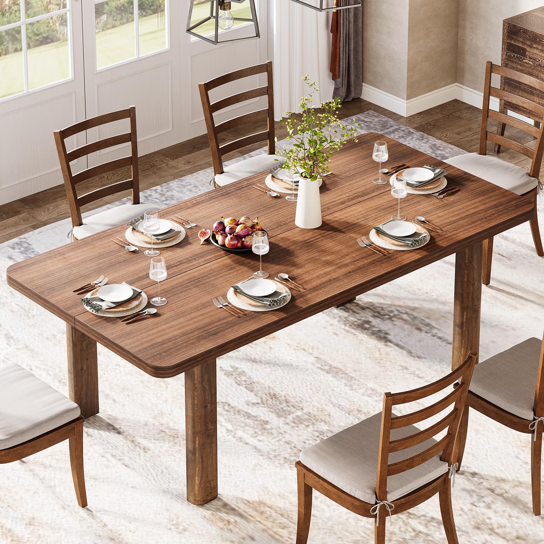 Wood Dining Table for 4-6 People, 158cm Farmhouse Kitchen Table with Solid Wood Legs, Rectangular Dinner Table for Dining Room, Kitchen, Living Room